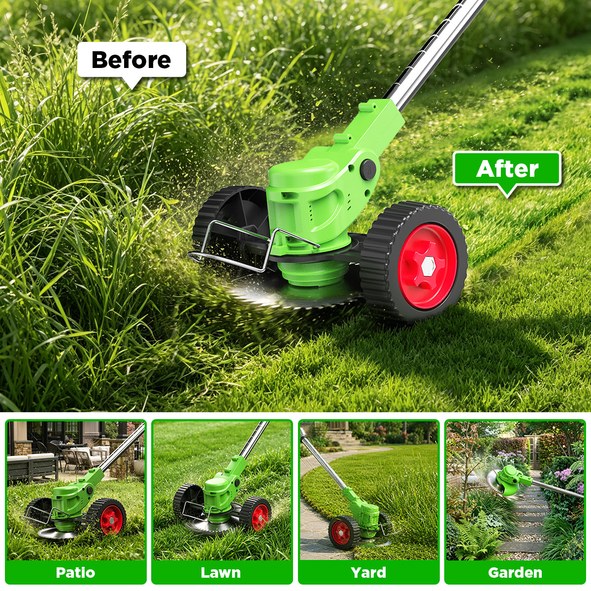 TNTANTS Weed Wacker Cordless, 3-in-1 Lightweight Electric String Trimmer with 3 Types of Blades, Wheels, 24V Battery, Weed Eater Grass Trimmer/Edger/Brush Cutter for Lawn Yard Garden (Green)
