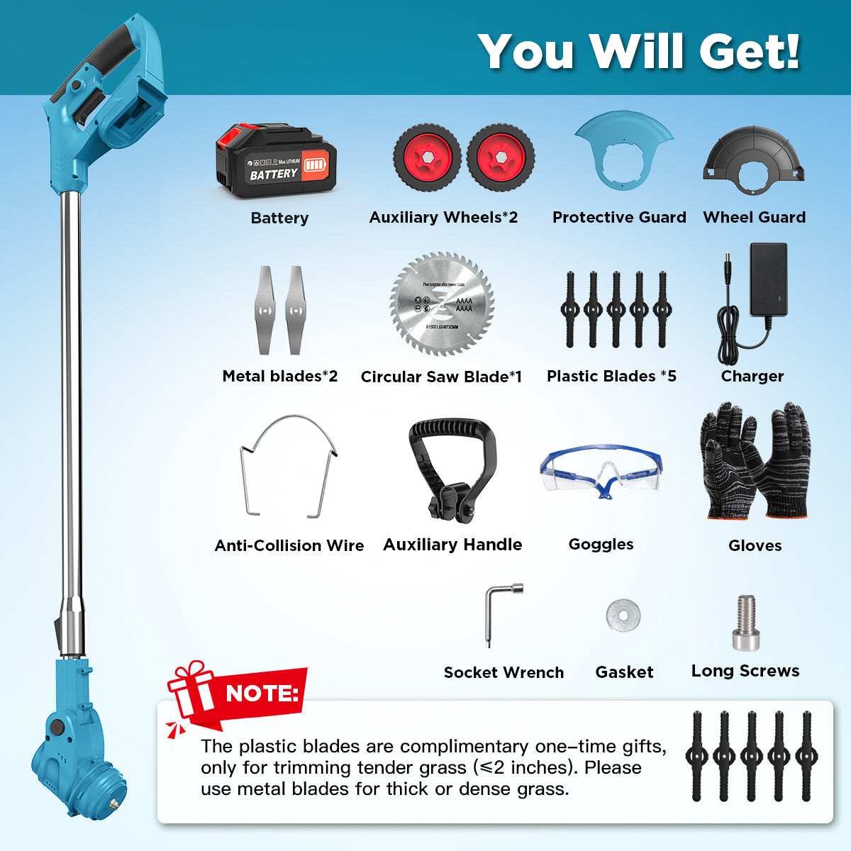 TNTANTS Weed Wacker Cordless, 3-in-1 Lightweight Electric String Trimmer with 3 Types of Blades, Wheels, 24V Battery, Weed Eater Grass Trimmer/Edger/Brush Cutter for Lawn Yard Garden (Blue)