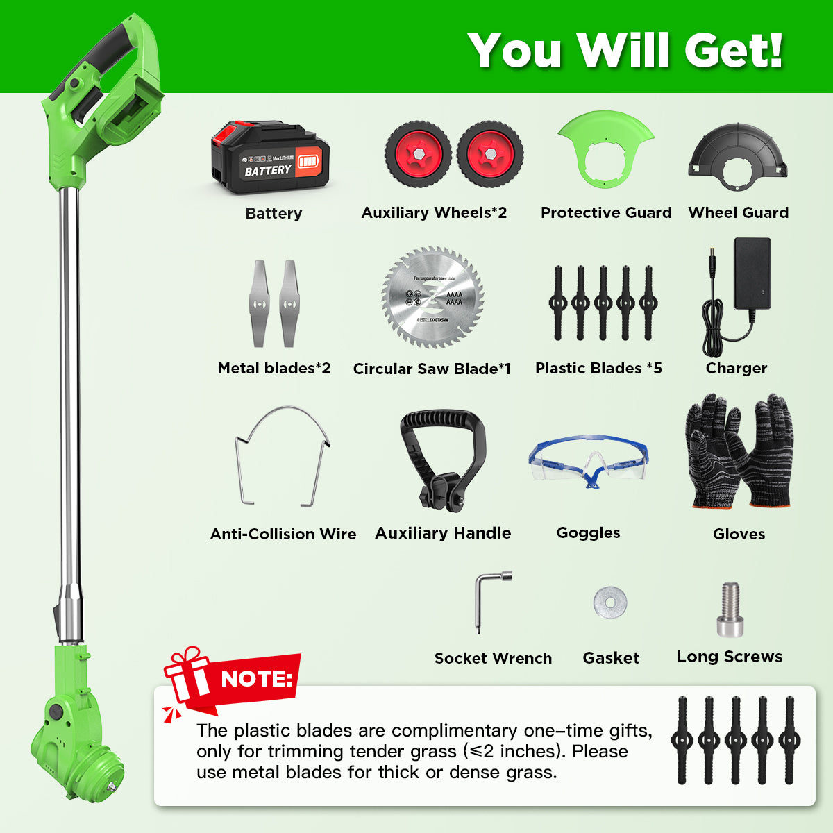 TNTANTS Weed Wacker Cordless, 3-in-1 Lightweight Electric String Trimmer with 3 Types of Blades, Wheels, 24V Battery, Weed Eater Grass Trimmer/Edger/Brush Cutter for Lawn Yard Garden (Green)