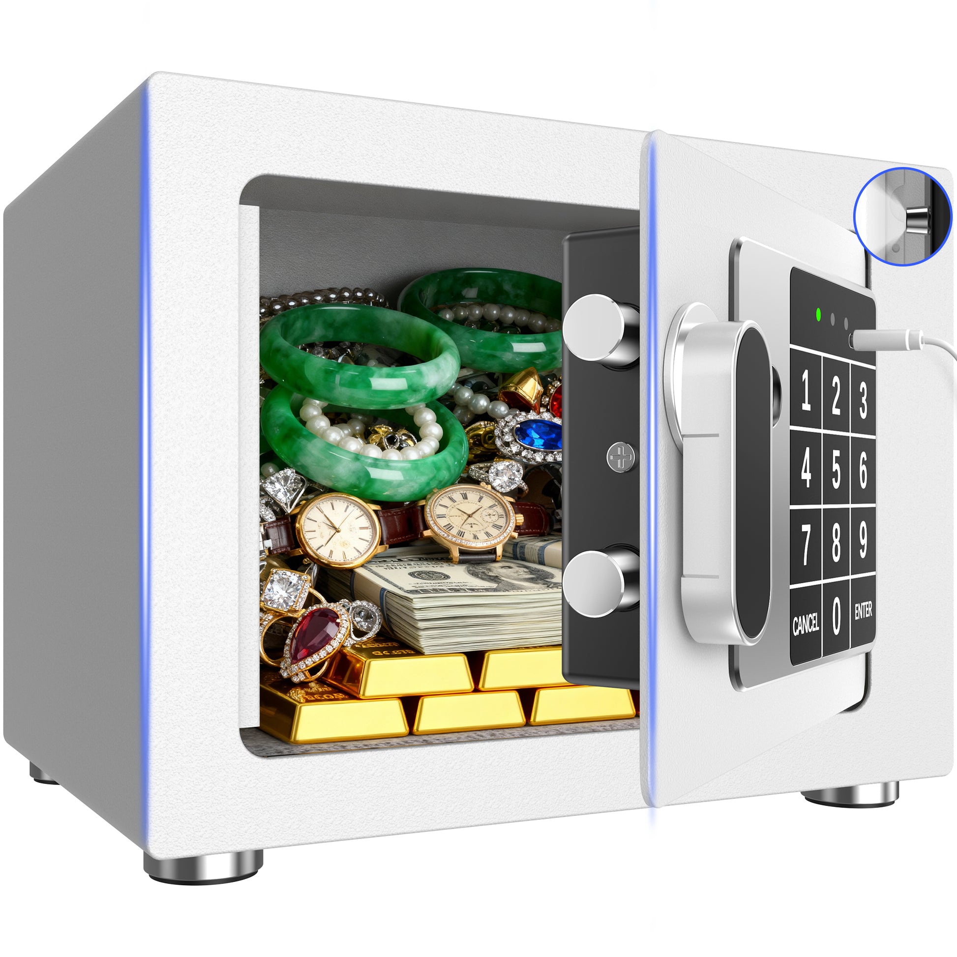 SYSENFO 0.25 Feet Cubic Safe Box, Money Lock Safes with Digital Keypad, USB Cable and Sensor Light, Security Safe for Home Office Hotel (White)