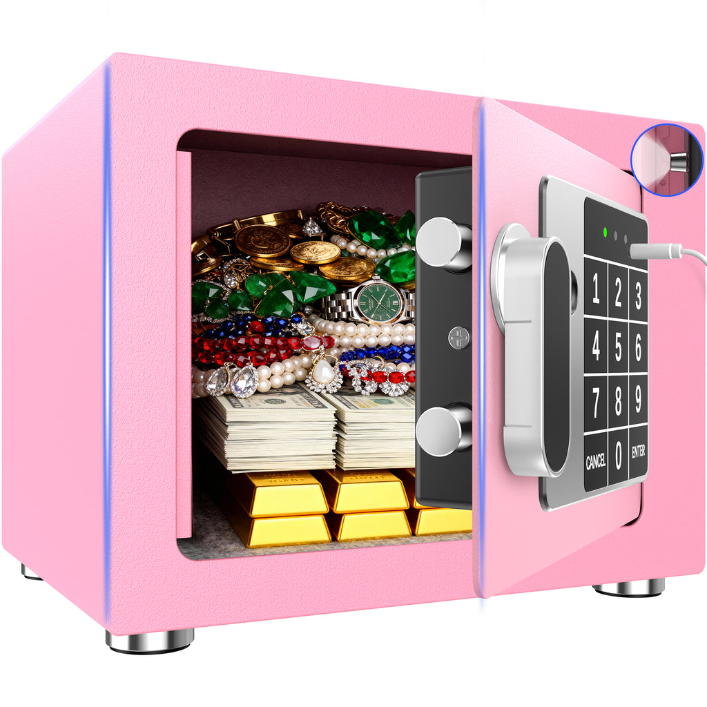 SYSENFO 0.25 Feet Cubic Safe Box, Money Lock Safes with Digital Keypad, USB Cable and Sensor Light, Security Safe for Home Office Hotel (Pink)