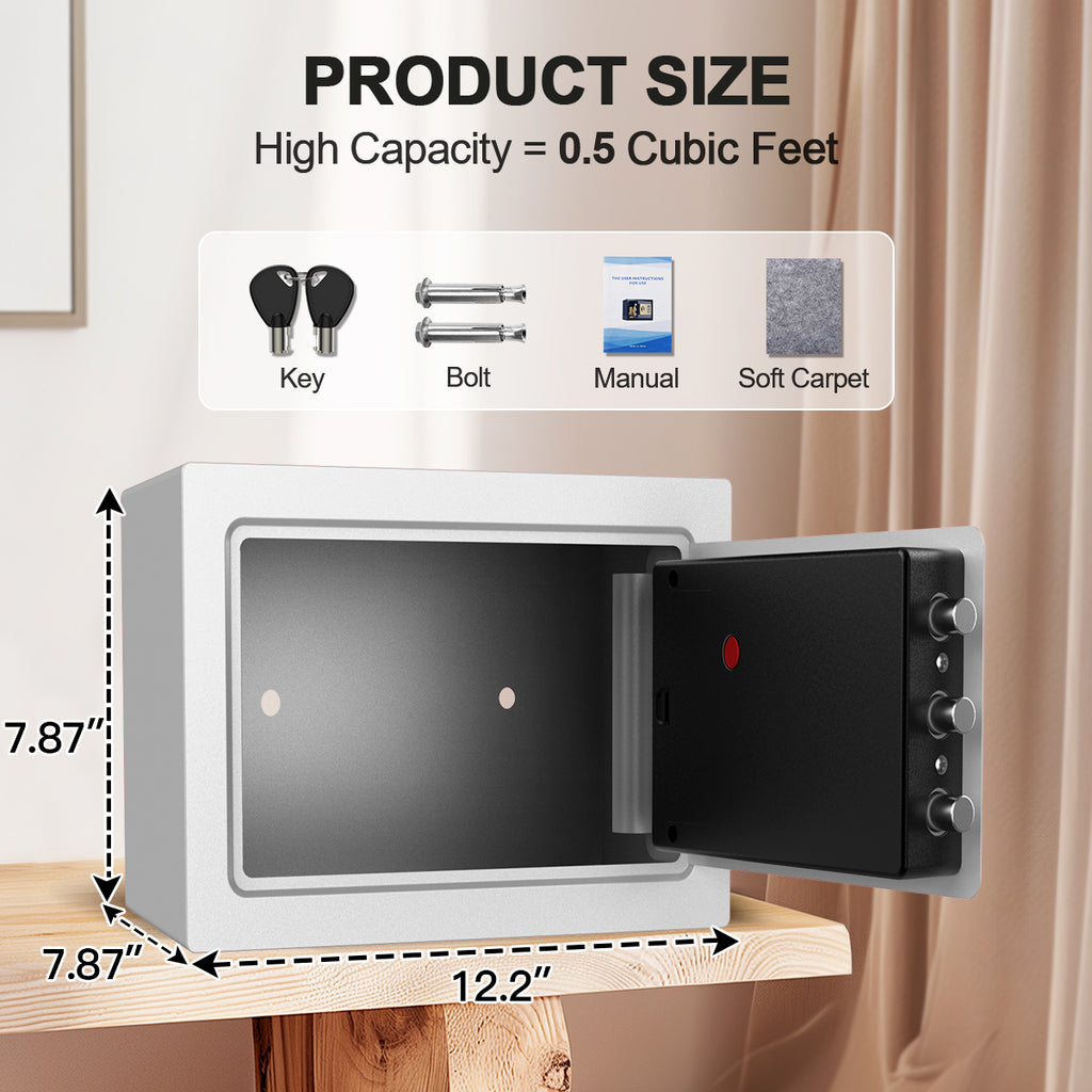 TNTANTS Electronic Digital Safe Box, 0.5 Cubic Feet Home Security Box for Office Hotel Business, Lock Box with Key Keypad for Cash Jewelry White