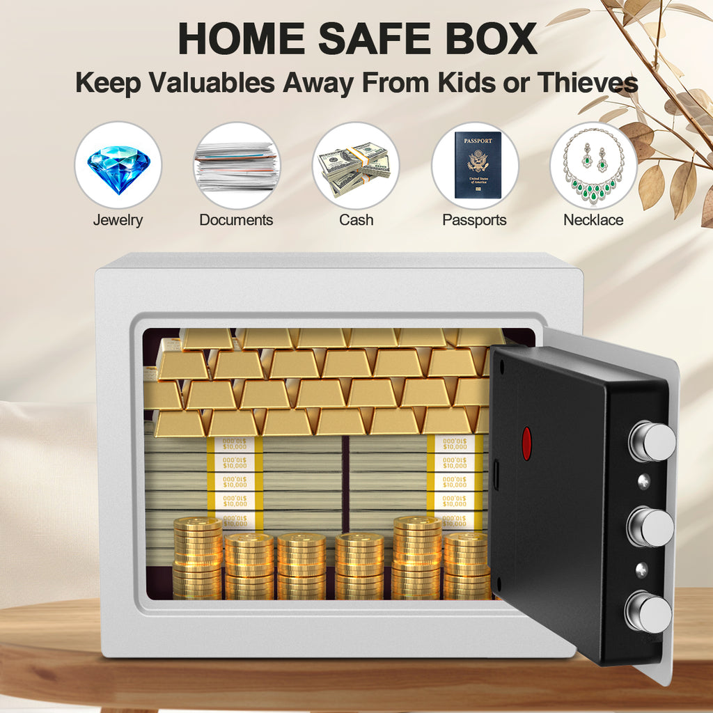 TNTANTS Electronic Digital Safe Box, 0.5 Cubic Feet Home Security Box for Office Hotel Business, Lock Box with Key Keypad for Cash Jewelry White