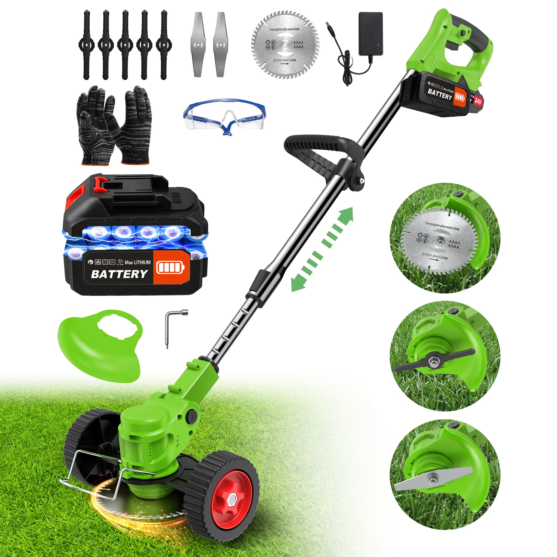 TNTANTS Weed Wacker Cordless, 3-in-1 Lightweight Electric String Trimmer with 3 Types of Blades, Wheels, 24V Battery, Weed Eater Grass Trimmer/Edger/Brush Cutter for Lawn Yard Garden (Green)
