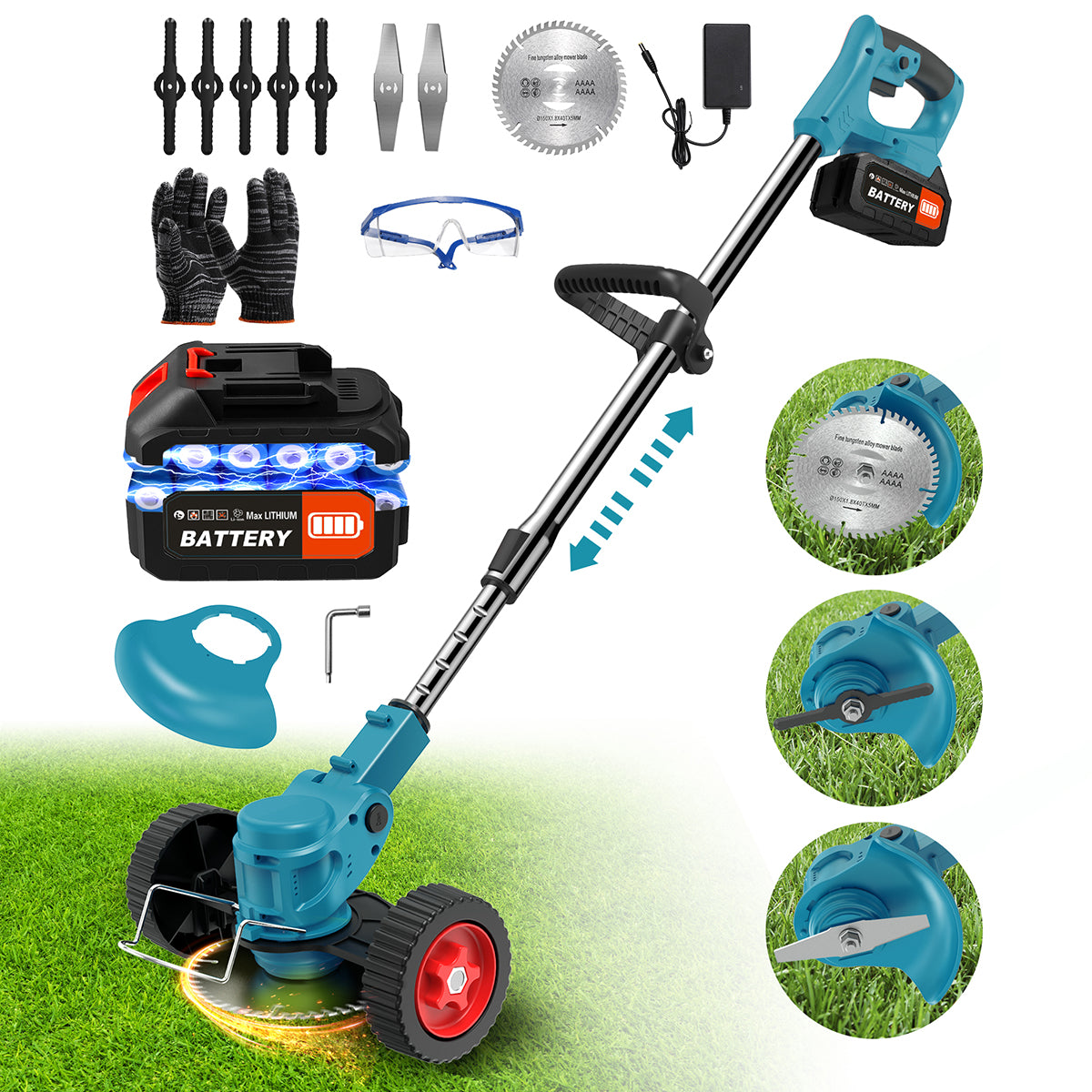 TNTANTS Weed Wacker Cordless, 3-in-1 Lightweight Electric String Trimmer with 3 Types of Blades, Wheels, 24V Battery, Weed Eater Grass Trimmer/Edger/Brush Cutter for Lawn Yard Garden (Blue)