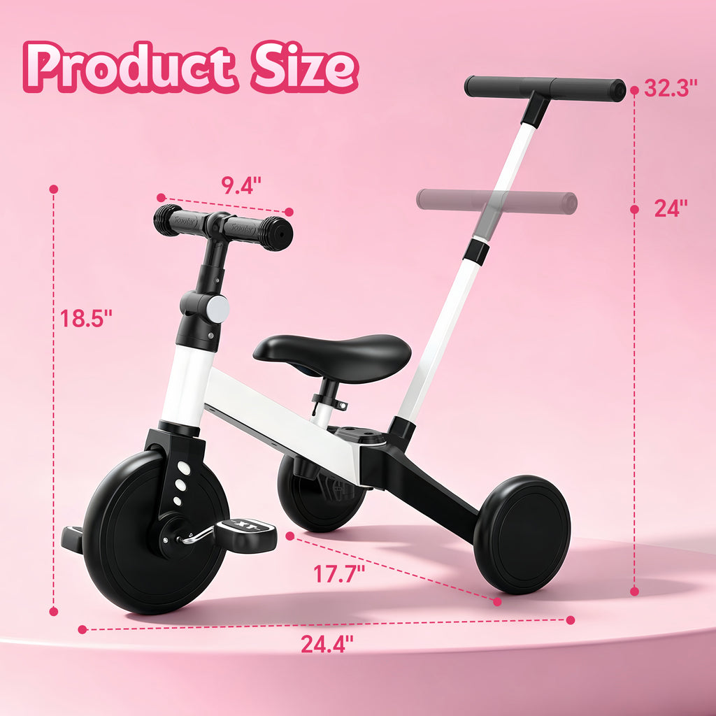 ODKDY 4 in 1 Toddler Bike, Kids Tricycle for 1-5 Years Old, Toddler Tricycle for Boy Girl, Baby Balance Bike with Parent Steering Push Handle, Removable Pedal, Adjustable Seat White