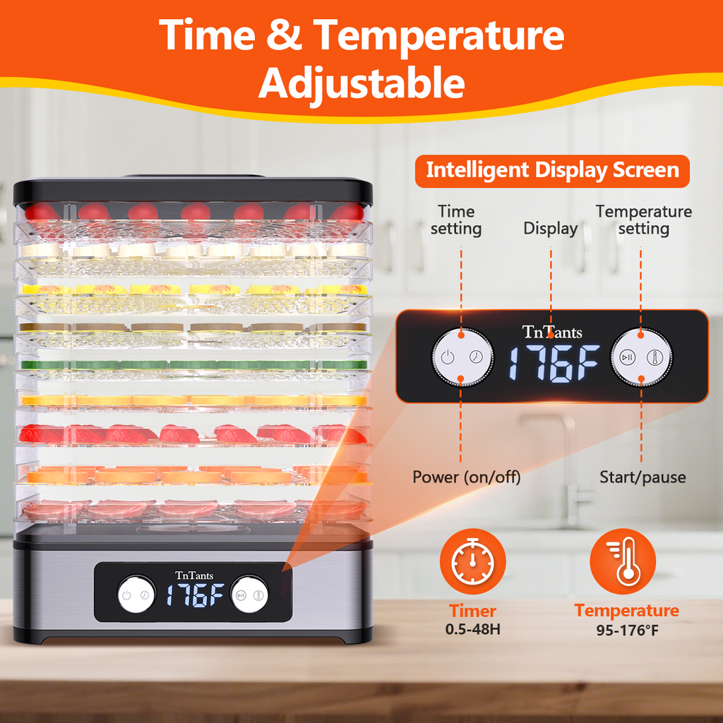 TNTANTS Food Dehydrator, 9 Trays Electric Dehydrated Dryer with Adjustable 48H Timer & 95-176℉ Temperature Control, Dehydrator for Food and Jerky, Fruits, Veggies, Pet Treat