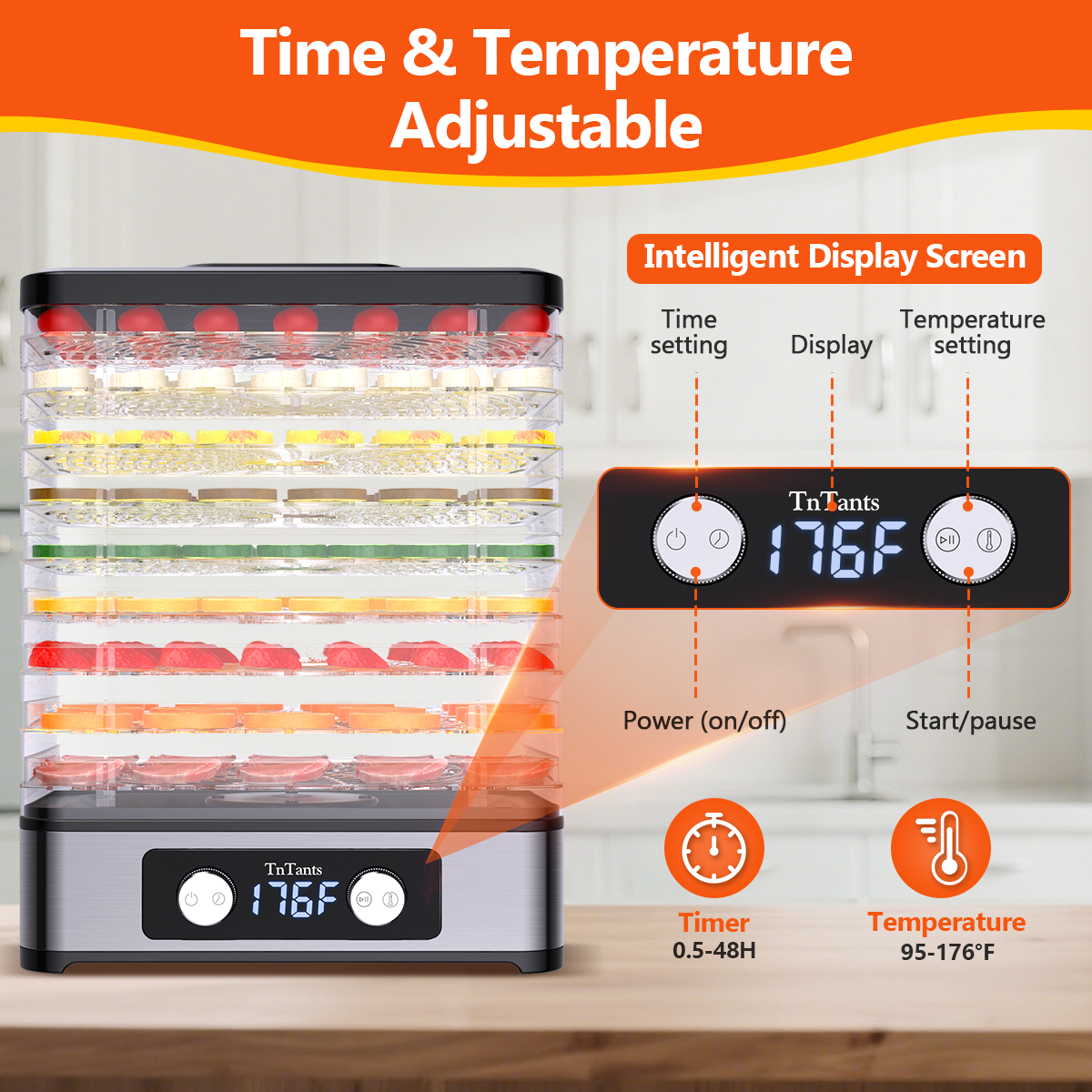 TNTANTS Food Dehydrator, 9 Trays Electric Dehydrated Dryer with Adjustable 48H Timer & 95-176℉ Temperature Control, Dehydrator for Food and Jerky, Fruits, Veggies, Pet Treat