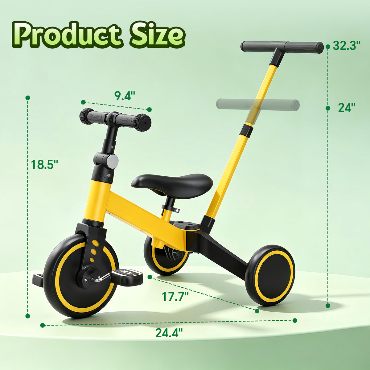 ODKDY 4 in 1 Toddler Bike, Kids Tricycle for 1-5 Years Old, Toddler Tricycle for Boy Girl, Baby Balance Bike with Parent Steering Push Handle, Removable Pedal, Adjustable Seat Yellow