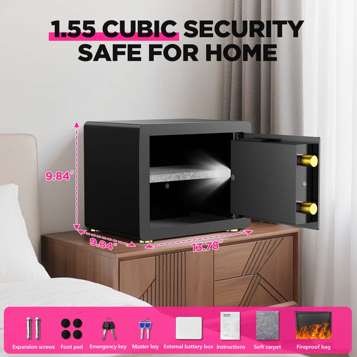 BESAFETY 1.5 Cuft Safe Box, Digital Keypad Home Security Safe With Fireproof Waterproof Bag & Adjustable Shelf