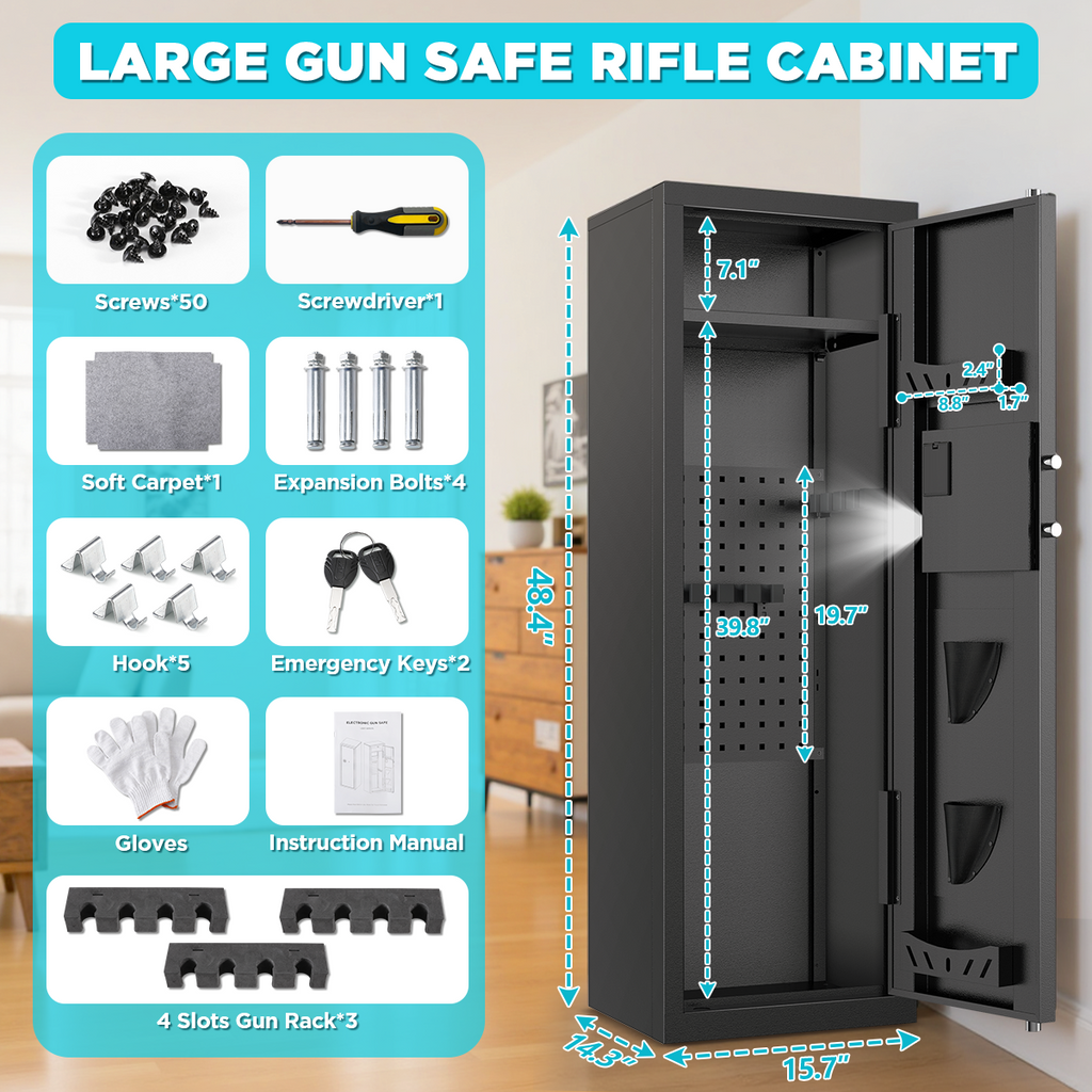 SYSENFO 8-10 Gun Cabinet, Quick Access Long Gun Safe for Home Rifles and Pistols, Large Unassembled Rifle Safe with Removable Shelves, Digital Keypad, Pegboard