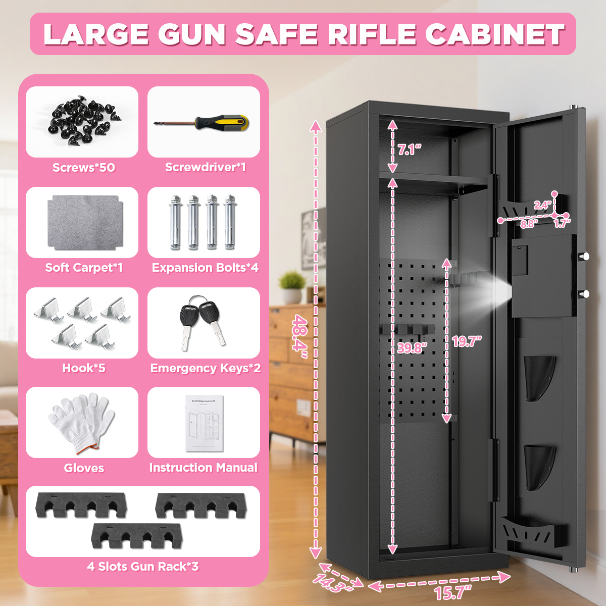 Gemaisil New 8-10 Gun Cabinet, Quick Access Numeric Keypad Safe for Rifles and Handguns, Removable Shelves and Hanging Panels, Unassembled Home Locker
