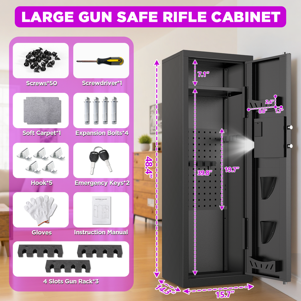 Gemaisil 8-10 Gun Cabinet with Removable Shelves & Pegboard, Quick Access Digital Keypad Safe for Rifles & Pistols with Alarm System, Unassembled Home Storage Gun Safe