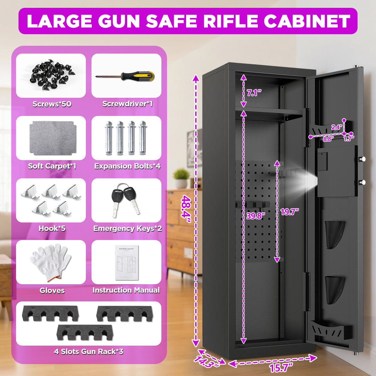 Gemaisil 8-10 Gun Cabinet with Removable Shelves & Pegboard, Quick Access Digital Keypad Safe for Rifles & Pistols with Alarm System, Unassembled Home Storage Gun Safe