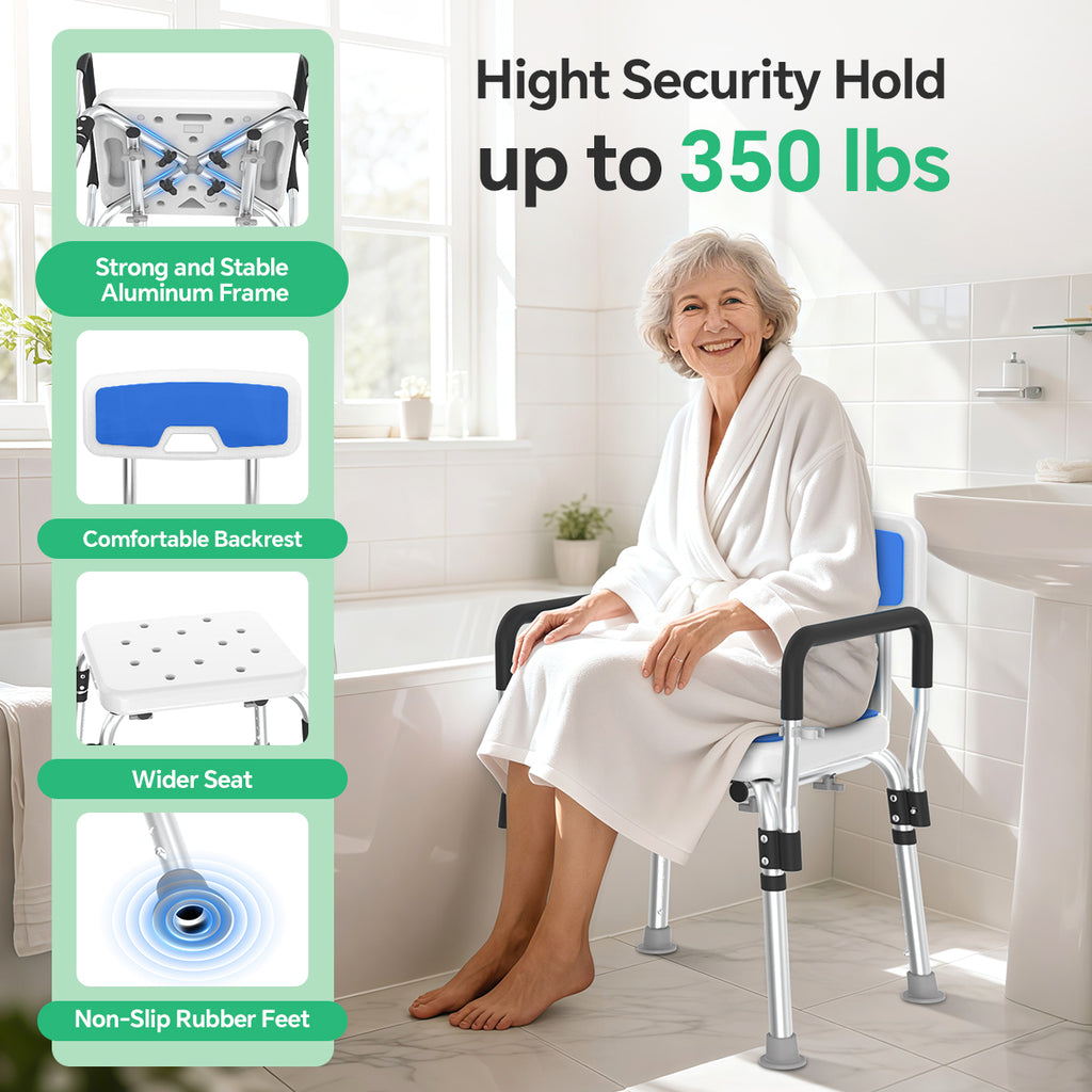 TNTANTS Shower Chair for Inside Shower with Armrests & Back, Upgraded Supports up to 350lbs Shower Seat with Padded and Grab Bar, Adjustable Height Shower Bench for Elderly Disabled
