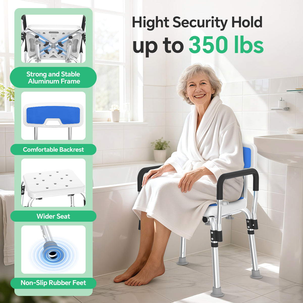 TNTANTS Shower Chair for Inside Shower with Armrests & Back, Upgraded Supports up to 350lbs Shower Seat with Padded and Grab Bar, Adjustable Height Shower Bench for Elderly Disabled