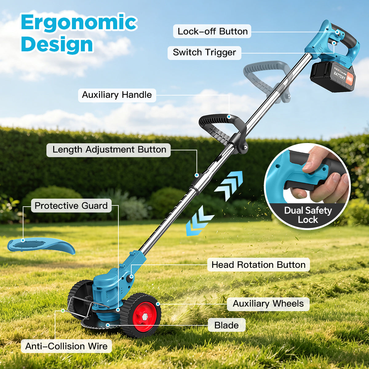 TNTANTS Weed Wacker Cordless, 3-in-1 Lightweight Electric String Trimmer with 3 Types of Blades, Wheels, 24V Battery, Weed Eater Grass Trimmer/Edger/Brush Cutter for Lawn Yard Garden (Blue)