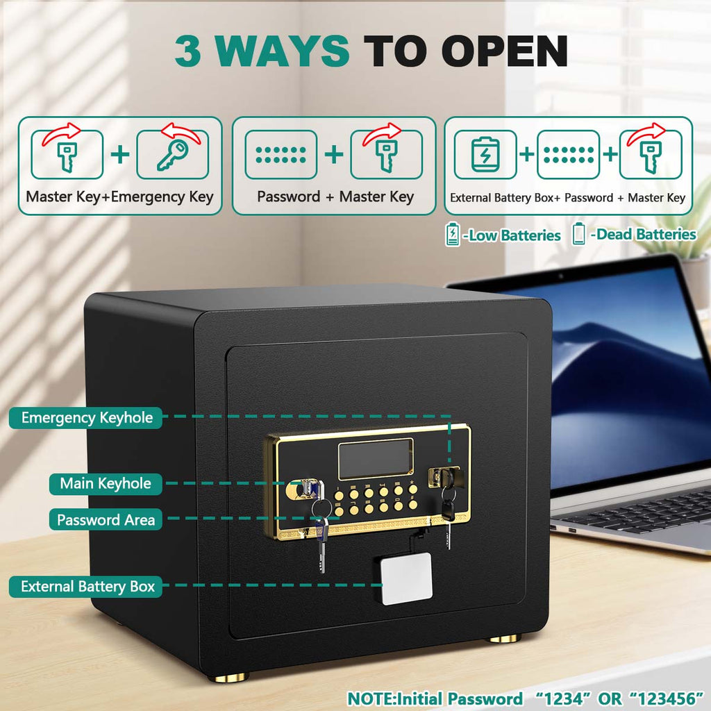 BESAFETY 1.5 Cuft Home Security Safe Box with Digital Keypad, Adjustable Shelf, Fireproof & Waterproof Bag