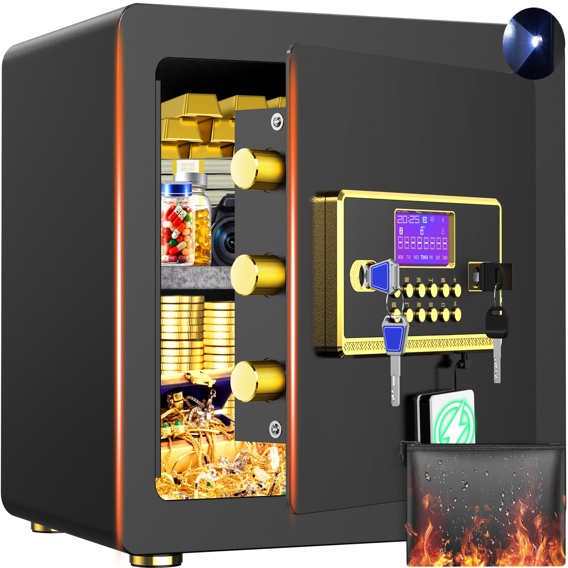 RYCUZO 2.5 Cuft Safe Box, Digital Keypad Home Security Safe With Fireproof Waterproof Bag & Adjustable Shelf