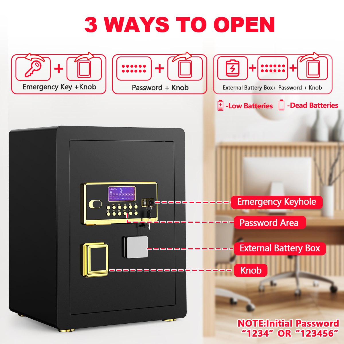 SYSENFO 3.5 Cuft Large Safe Box, Digital Keypad Home Security Safe With Fireproof Bag & Alarm System(Black)