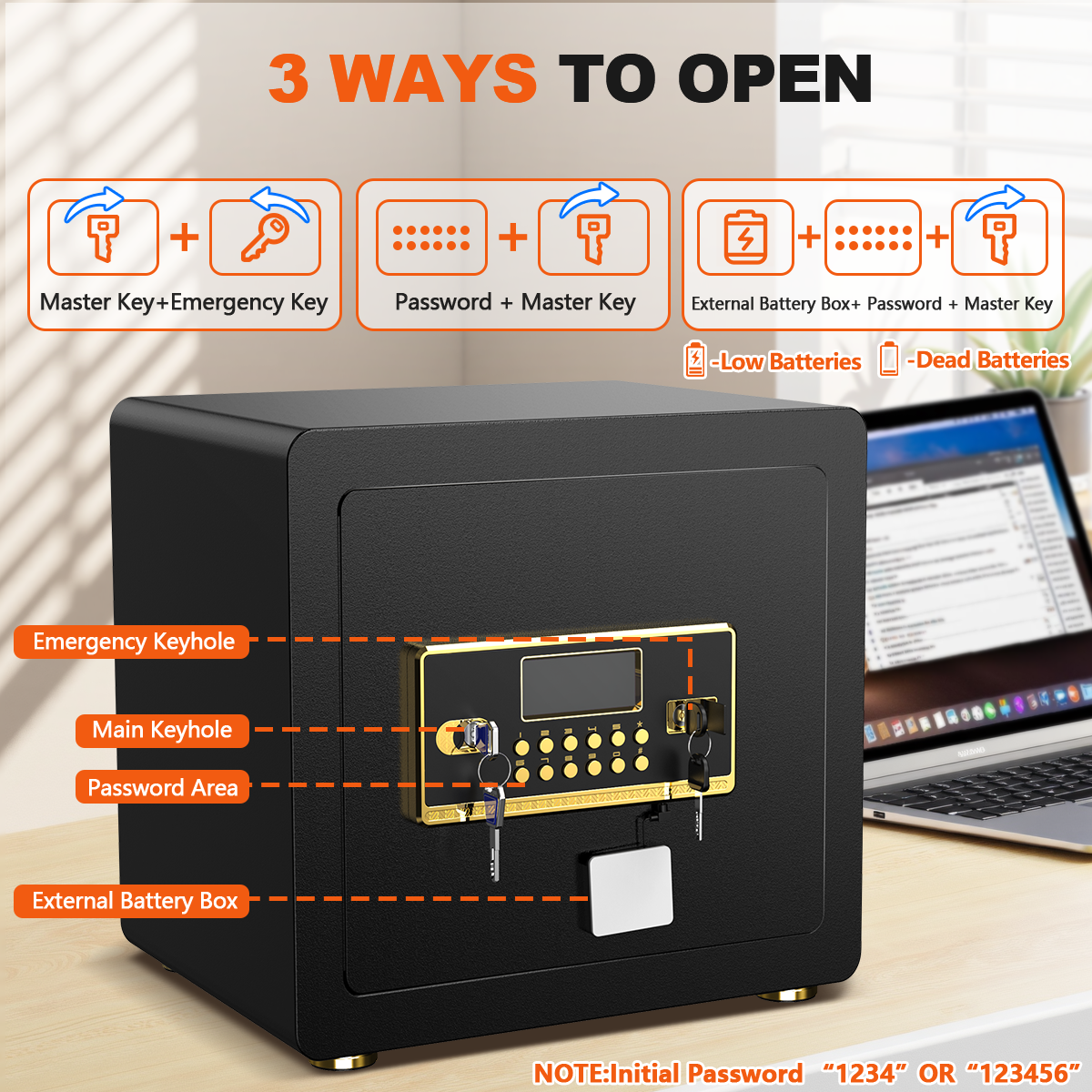 RYCUZO 2.5 Cuft Safe Box, Digital Keypad Home Security Safe With Fireproof Waterproof Bag & Adjustable Shelf
