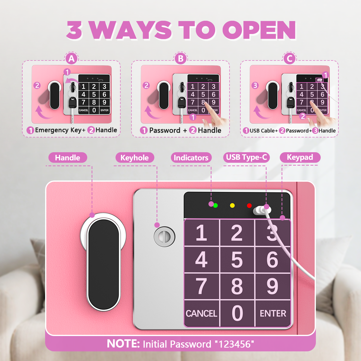 SYSENFO Electronic Digital Safe Box, 0.25 Cubic Feet Home Security Box for Office Hotel Business, Lock Box with Key Keypad for Cash Jewelry Pink