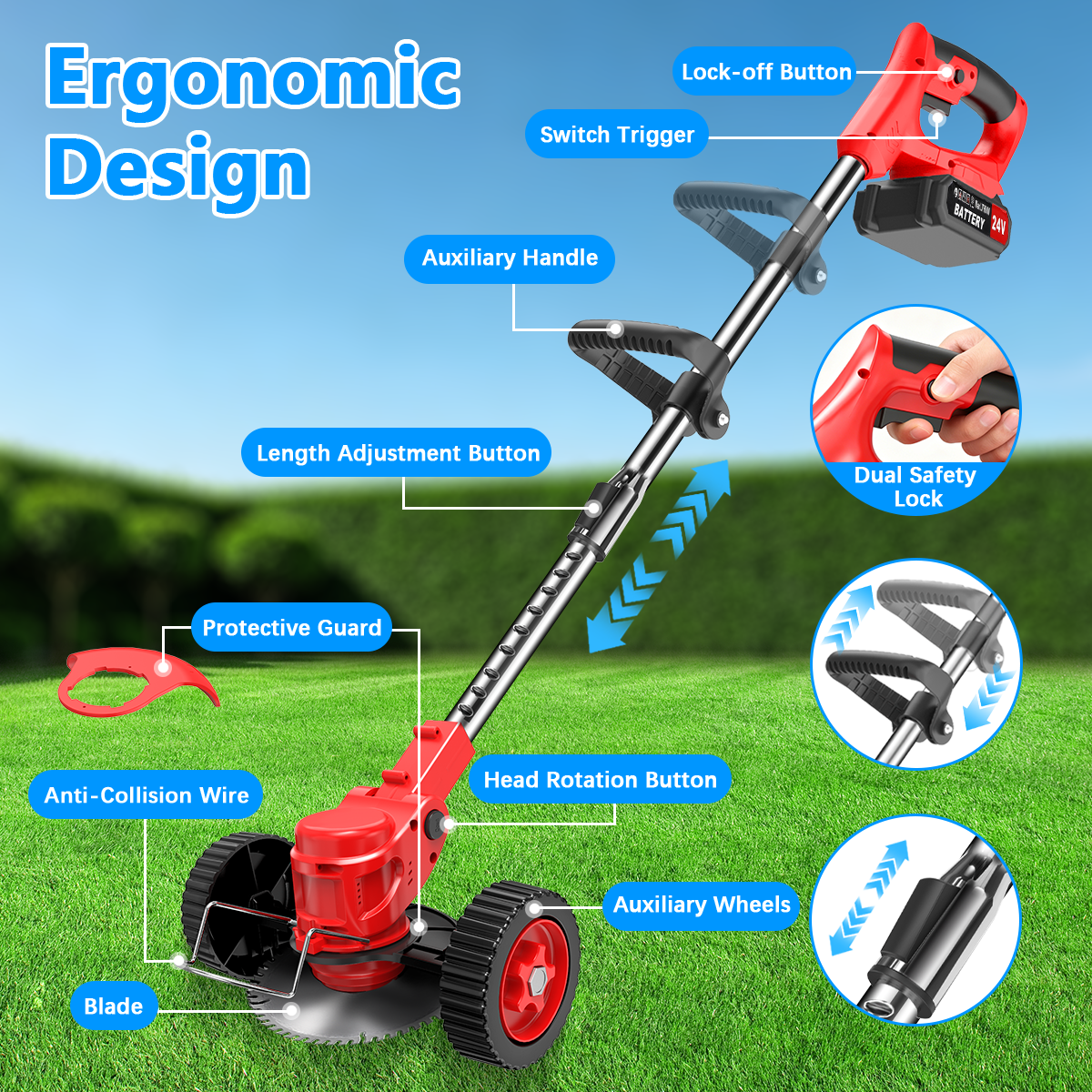 TNTANTS Electric Weed Wacker, Cordless String Trimmer with Wheels, 2Pcs 24V Batteries, 3 Types of Blades, Adjustable Length, Weed Eater Grass Trimmer/Edger/Brush Cutter for Lawn Yard Garden (Red)