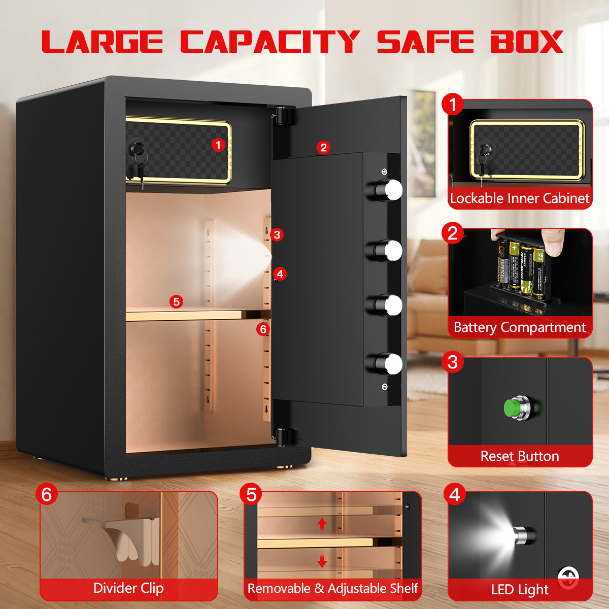 Gemaisil 5.5 Cuft Large Safe Box, Security Home Safe with Interior Safe Lock Box & Fireproof Document Bag