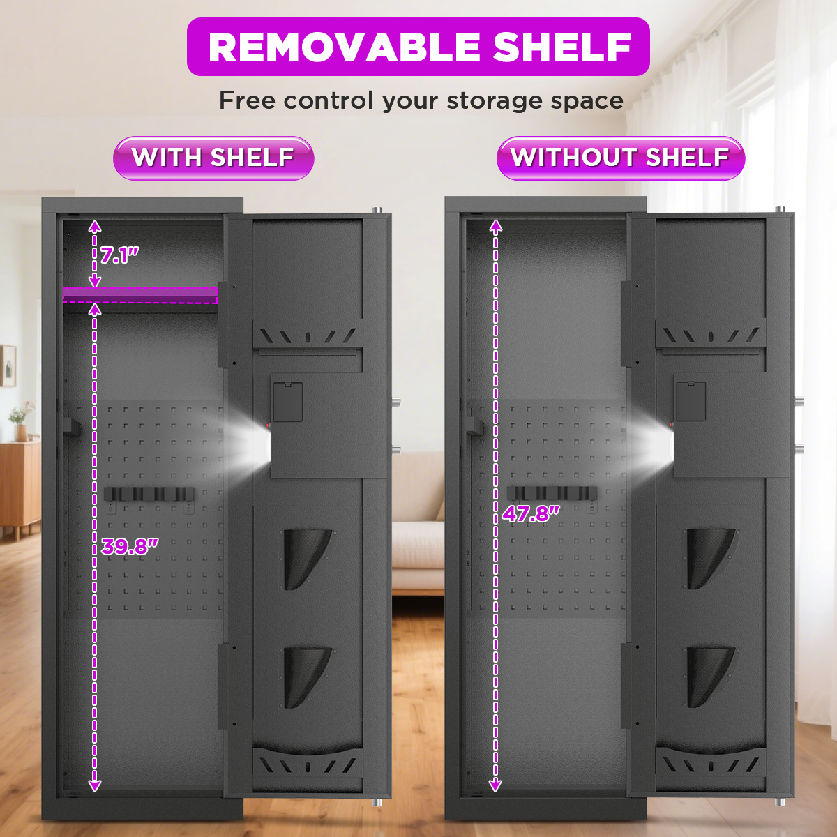 Gemaisil 8-10 Gun Cabinet with Removable Shelves & Pegboard, Quick Access Digital Keypad Safe for Rifles & Pistols with Alarm System, Unassembled Home Storage Gun Safe