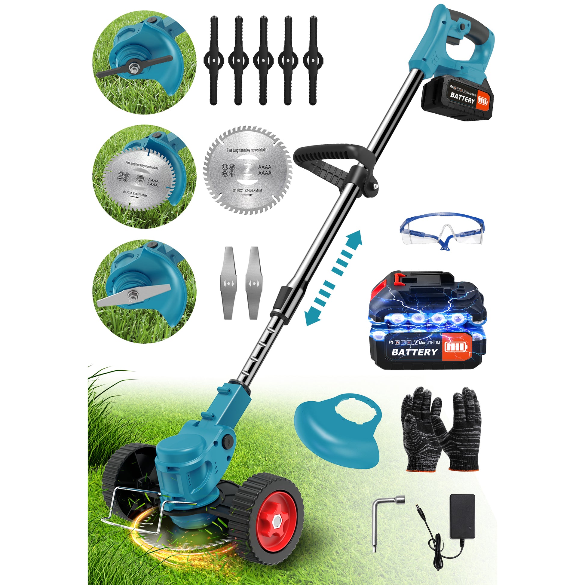 TNTANTS Weed Wacker Cordless, 3-in-1 Lightweight Electric String Trimmer with 3 Types of Blades, Wheels, 24V Battery, Weed Eater Grass Trimmer/Edger/Brush Cutter for Lawn Yard Garden (Blue)