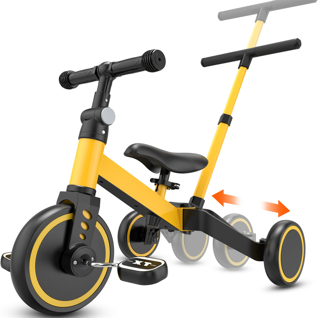 TNTANTS 4 in 1 Toddler Bike, Kids Tricycle for 1-5 Years Old, Toddler Tricycle for Boy Girl, Baby Balance Bike with Parent Steering Push Handle, Removable Pedal, Adjustable Seat Yellow