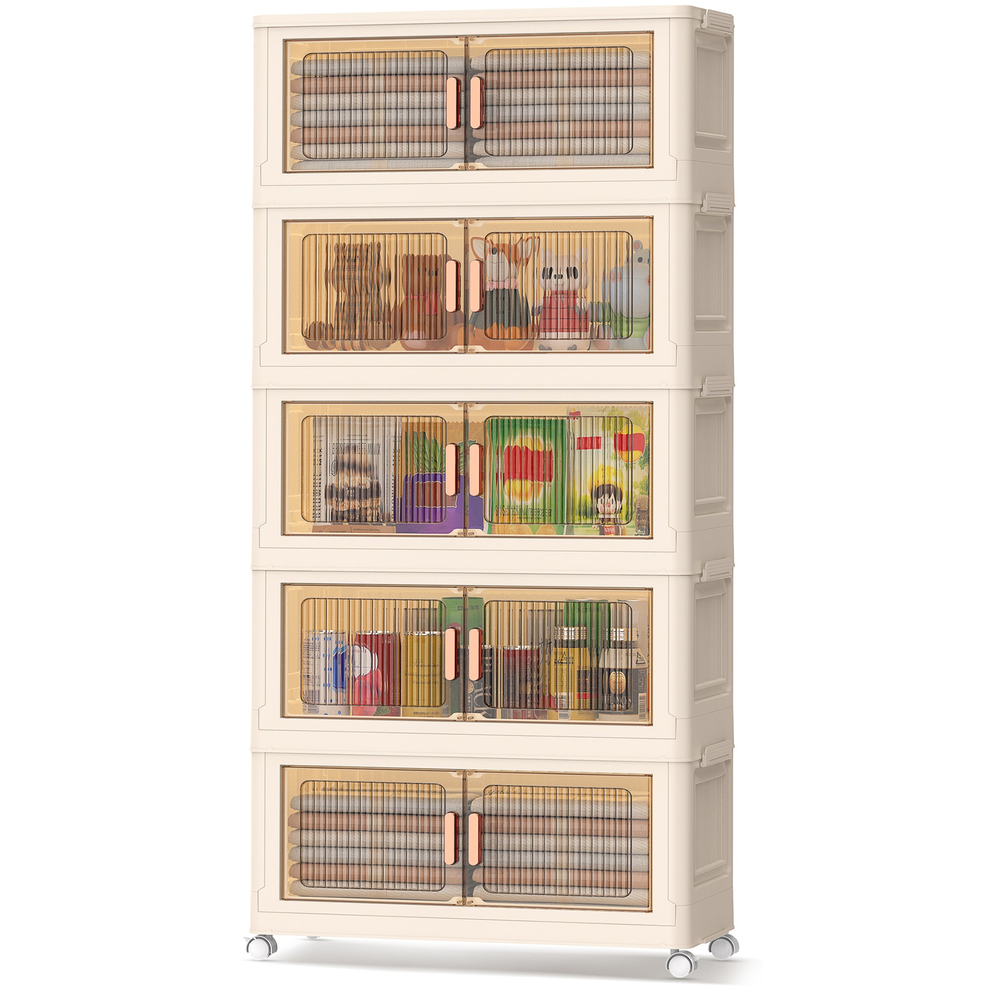 TNTANTS 5 Tiers Stackable Storage Bins with Lids and Wheels, Magnetic Dual Open Collapsible Storage Container, 235QT Folding Storage Box Bins for Closet Organizers, Home and Office, Beige