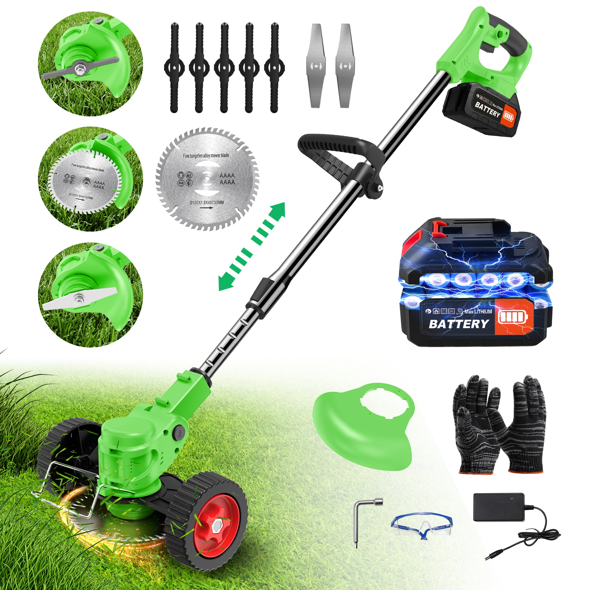 TNTANTS Weed Wacker Cordless, 3-in-1 Lightweight Electric String Trimmer with 3 Types of Blades, Wheels, 24V Battery, Weed Eater Grass Trimmer/Edger/Brush Cutter for Lawn Yard Garden (Green)
