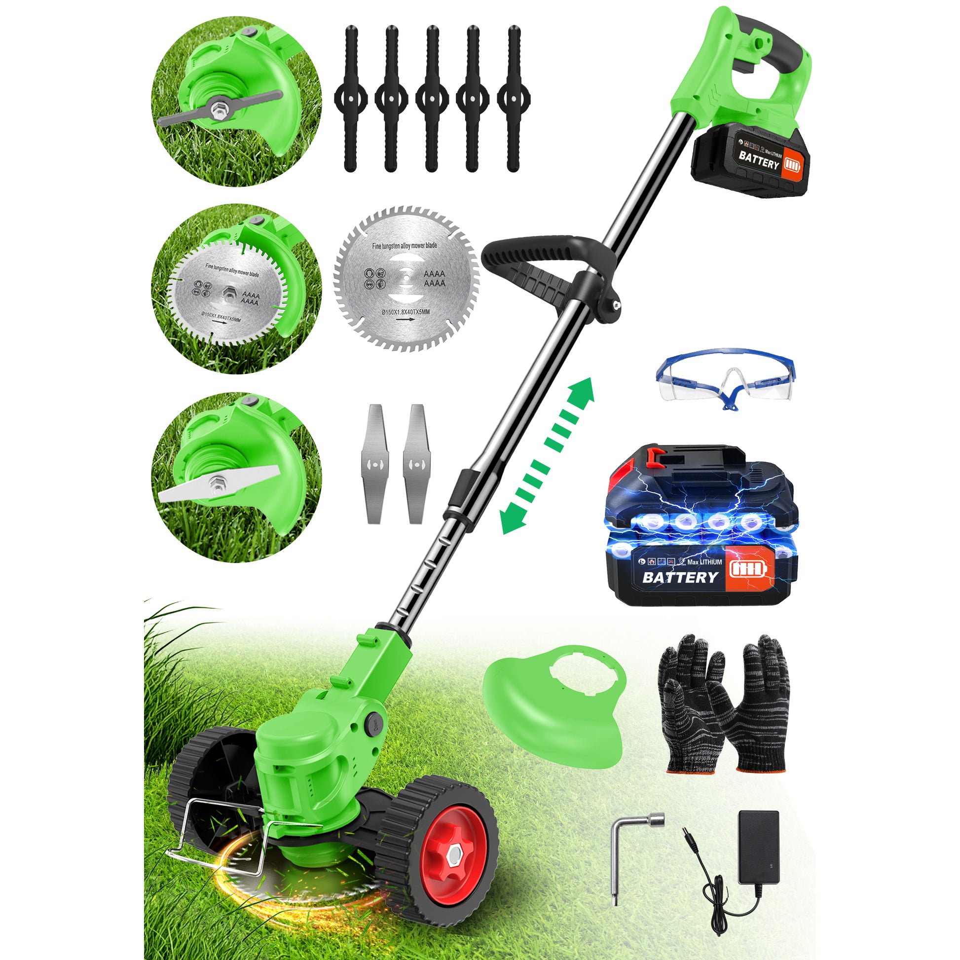 TNTANTS Weed Wacker Cordless, 3-in-1 Lightweight Electric String Trimmer with 3 Types of Blades, Wheels, 24V Battery, Weed Eater Grass Trimmer/Edger/Brush Cutter for Lawn Yard Garden (Green)