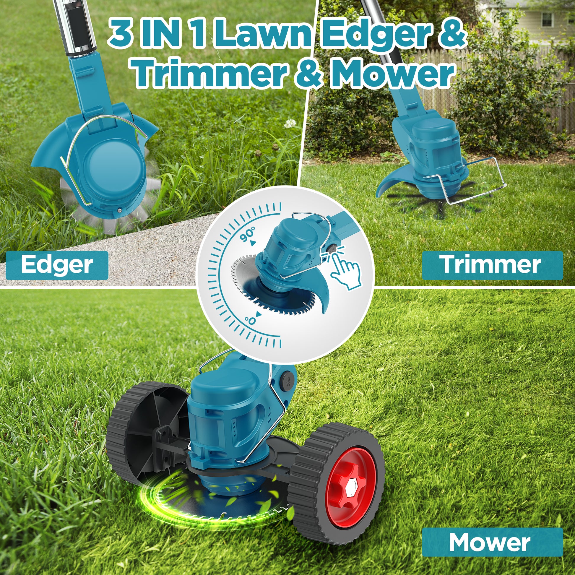 TNTANTS Weed Wacker Cordless, 3-in-1 Lightweight Electric String Trimmer with 3 Types of Blades, Wheels, 24V Battery, Weed Eater Grass Trimmer/Edger/Brush Cutter for Lawn Yard Garden (Blue)