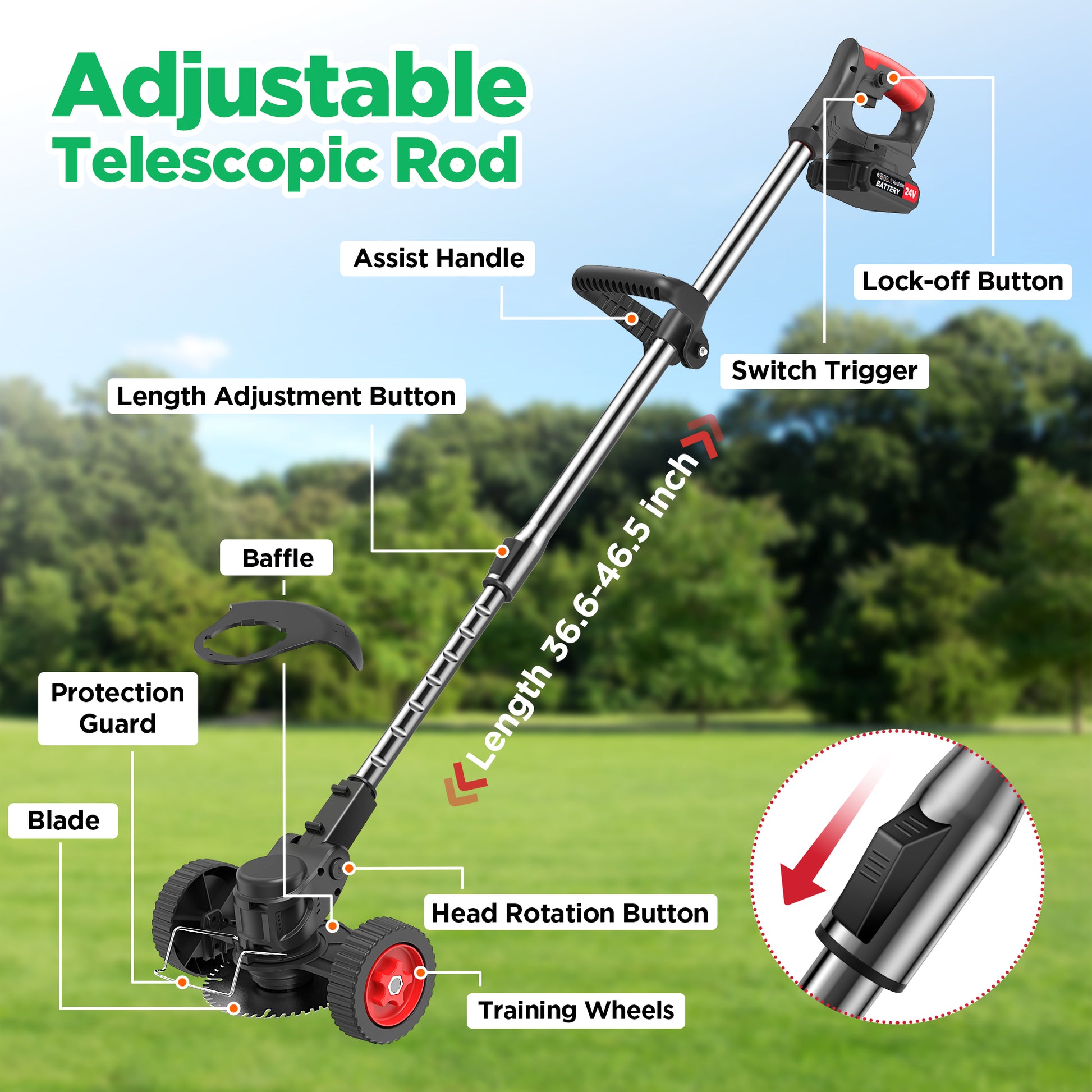 TNTANTS Electric Weed Wacker, Cordless String Trimmer with Wheels, 2Pcs 24V Batteries, 3 Types of Blades, Adjustable Length, Weed Eater Grass Trimmer/Edger/Brush Cutter for Lawn Yard Garden (Black)