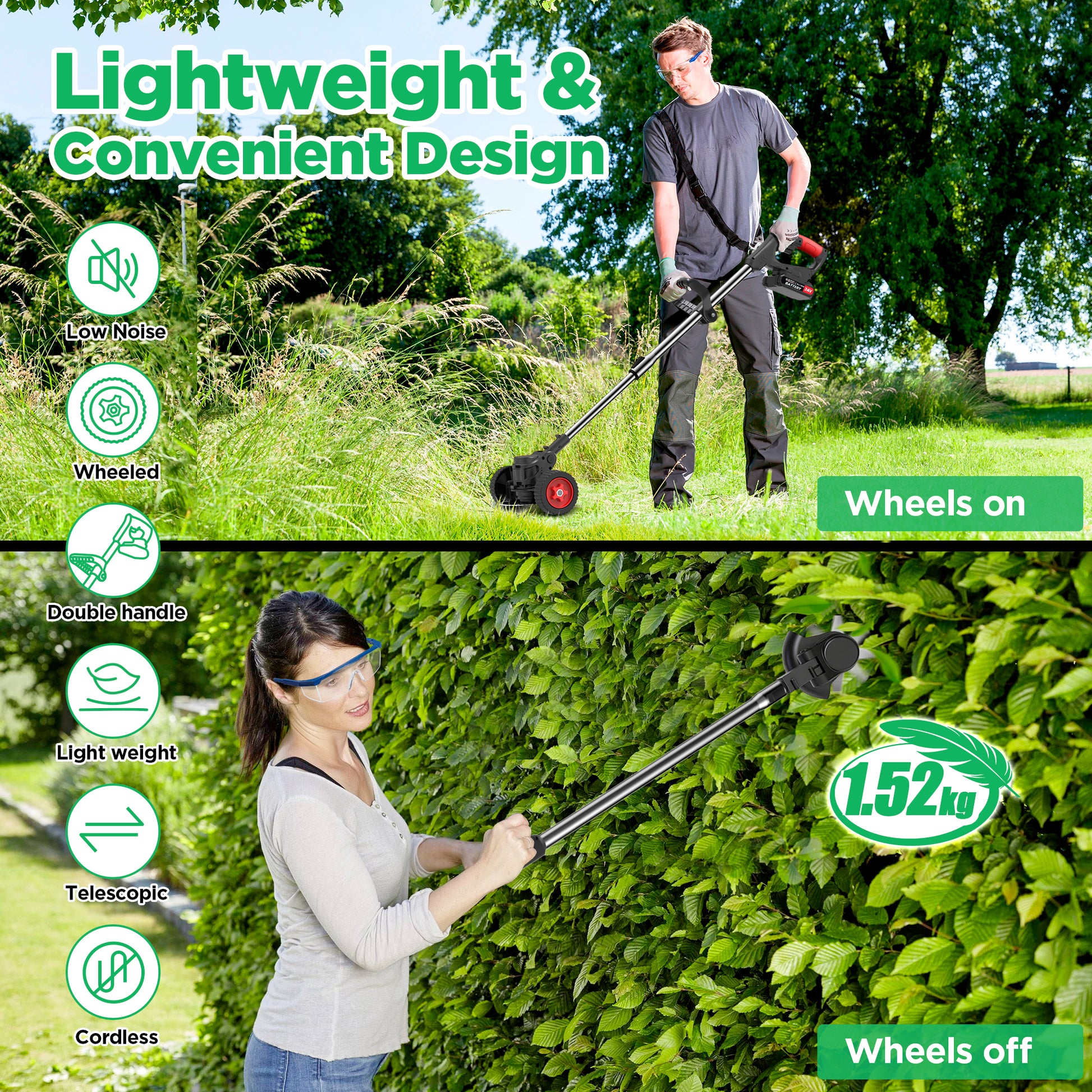 TNTANTS Electric Weed Wacker, Cordless String Trimmer with Wheels, 2Pcs 24V Batteries, 3 Types of Blades, Adjustable Length, Weed Eater Grass Trimmer/Edger/Brush Cutter for Lawn Yard Garden (Black)