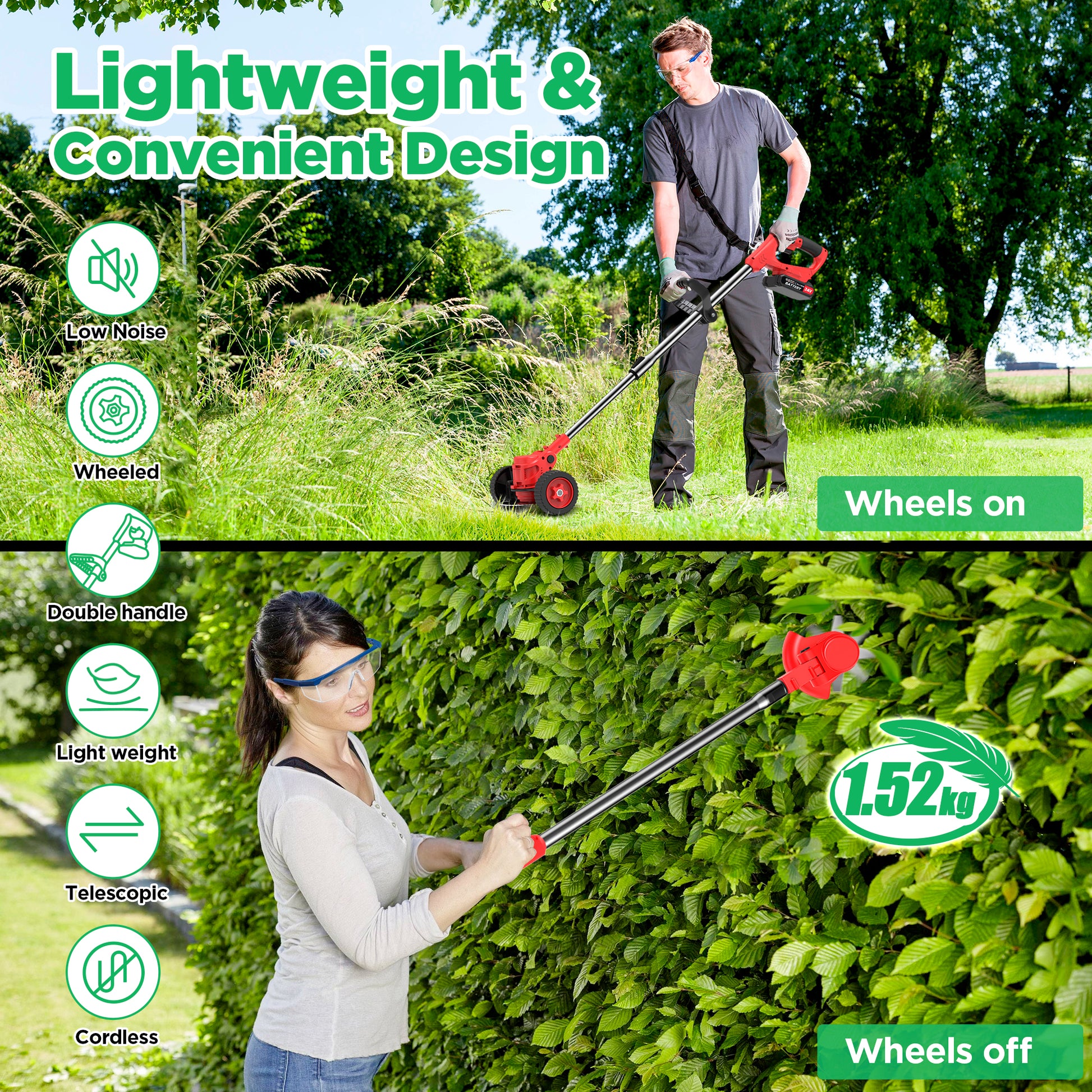 TNTANTS Electric Weed Wacker, Cordless String Trimmer with Wheels, 2Pcs 24V Batteries, 3 Types of Blades, Adjustable Length, Weed Eater Grass Trimmer/Edger/Brush Cutter for Lawn Yard Garden (Red)
