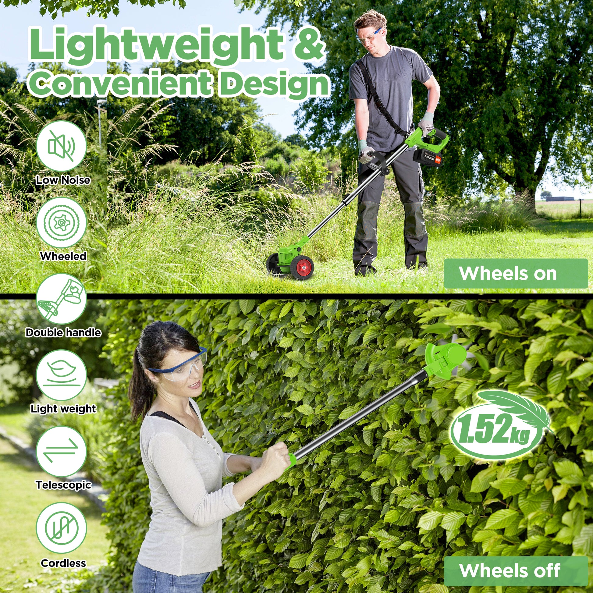 TNTANTS Weed Wacker Cordless, 3-in-1 Lightweight Electric String Trimmer with 3 Types of Blades, Wheels, 24V Battery, Weed Eater Grass Trimmer/Edger/Brush Cutter for Lawn Yard Garden (Green)