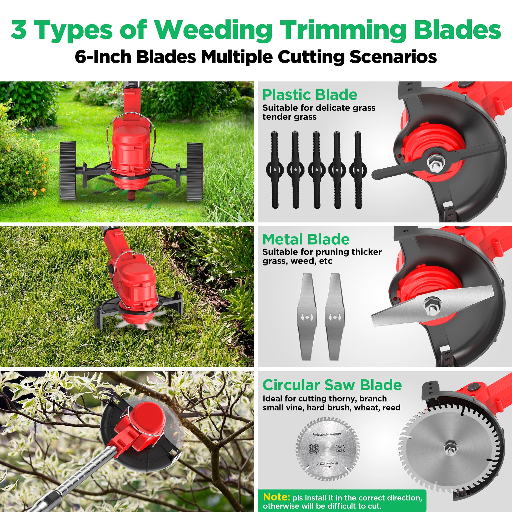 TNTANTS Electric Weed Wacker, Cordless String Trimmer with Wheels, 2Pcs 24V Batteries, 3 Types of Blades, Adjustable Length, Weed Eater Grass Trimmer/Edger/Brush Cutter for Lawn Yard Garden (Red)