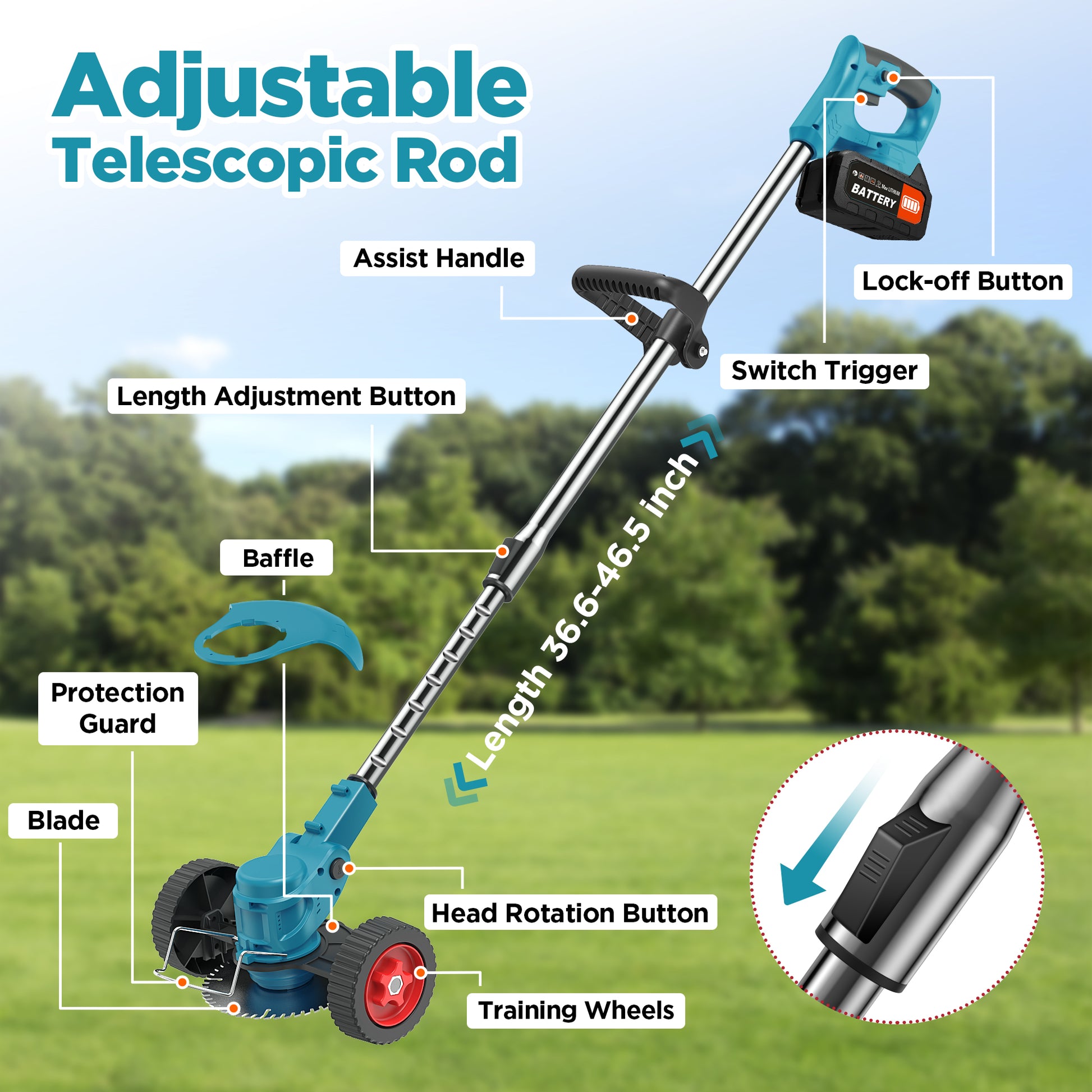 TNTANTS Weed Wacker Cordless, 3-in-1 Lightweight Electric String Trimmer with 3 Types of Blades, Wheels, 24V Battery, Weed Eater Grass Trimmer/Edger/Brush Cutter for Lawn Yard Garden (Blue)