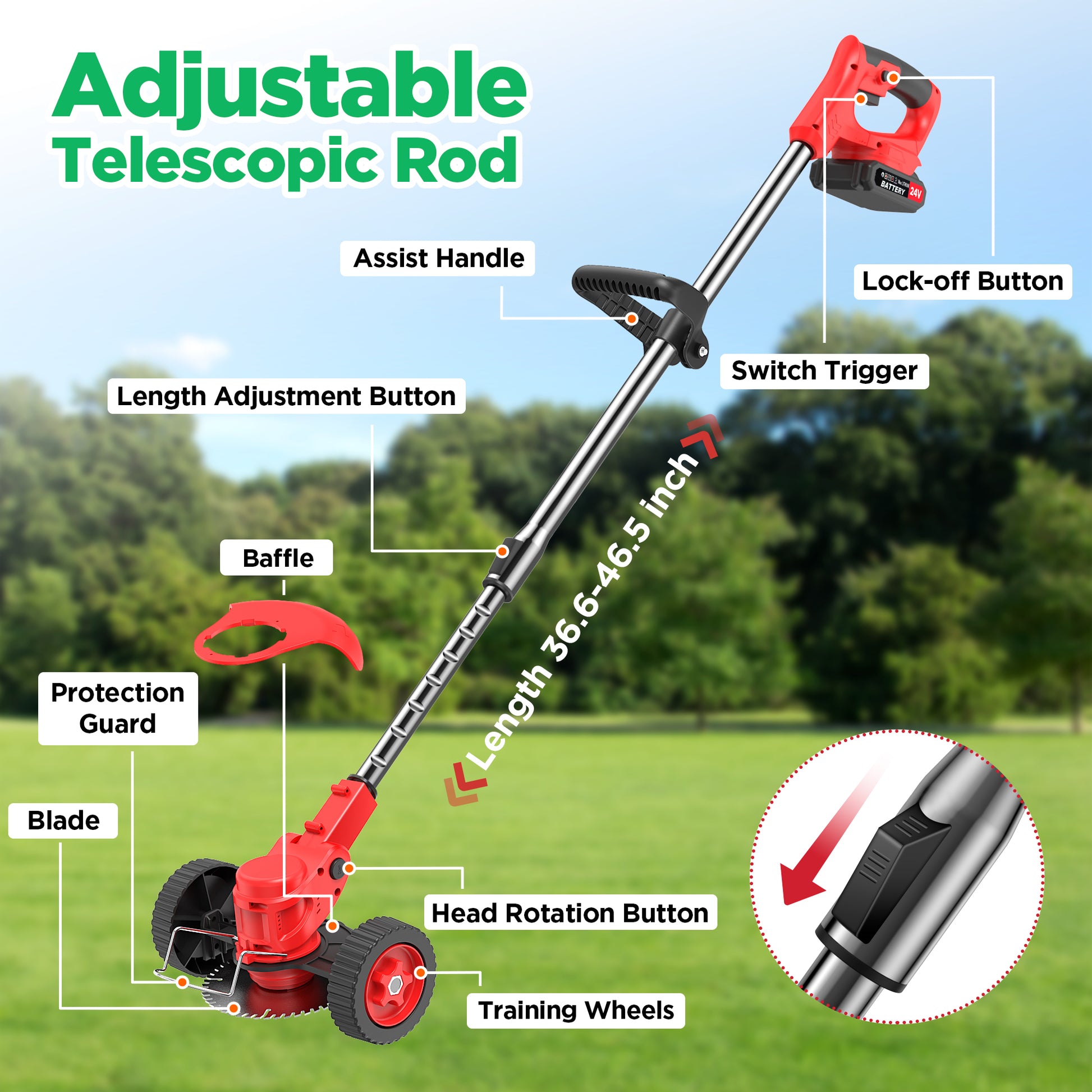 TNTANTS Electric Weed Wacker, Cordless String Trimmer with Wheels, 2Pcs 24V Batteries, 3 Types of Blades, Adjustable Length, Weed Eater Grass Trimmer/Edger/Brush Cutter for Lawn Yard Garden (Red)