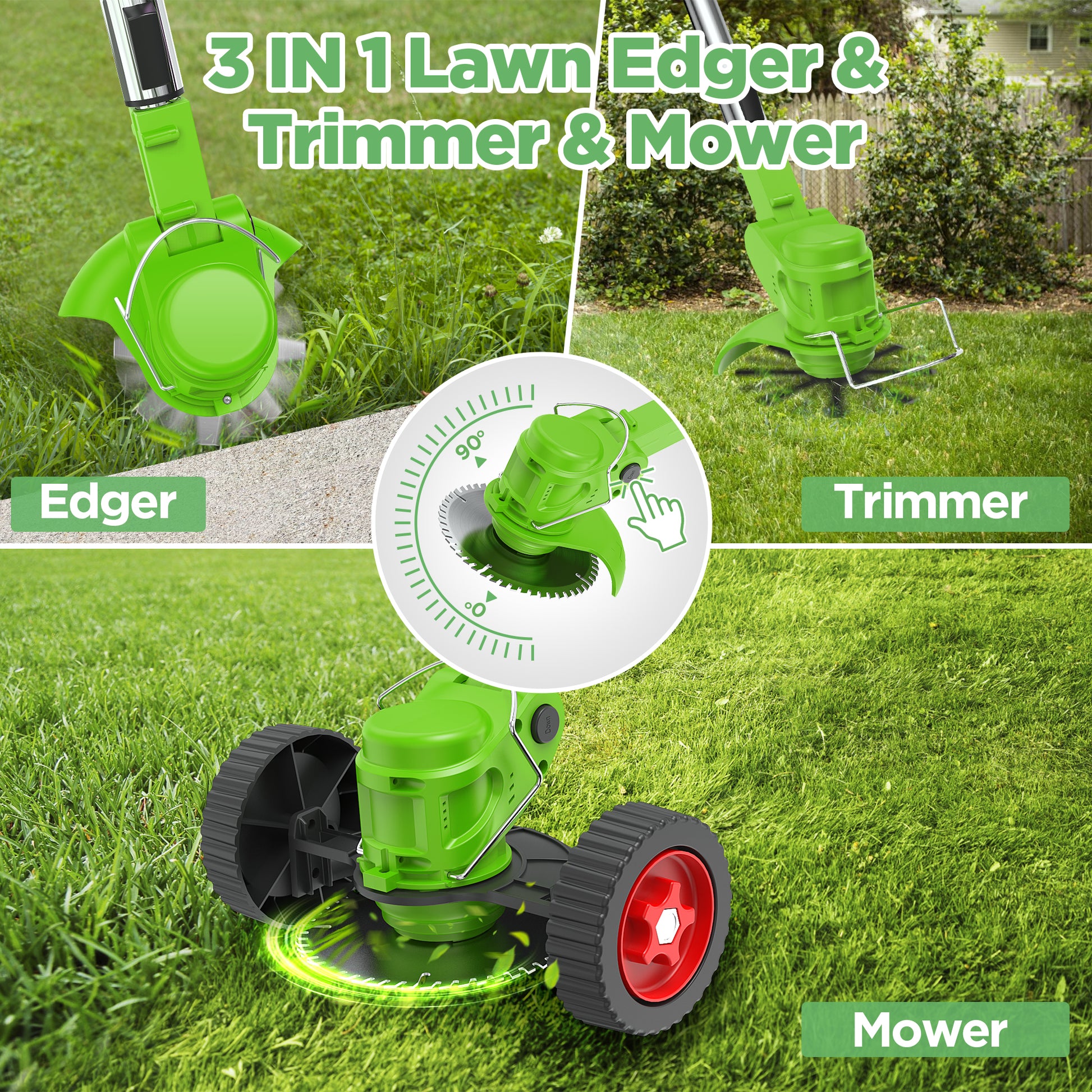 TNTANTS Weed Wacker Cordless, 3-in-1 Lightweight Electric String Trimmer with 3 Types of Blades, Wheels, 24V Battery, Weed Eater Grass Trimmer/Edger/Brush Cutter for Lawn Yard Garden (Green)