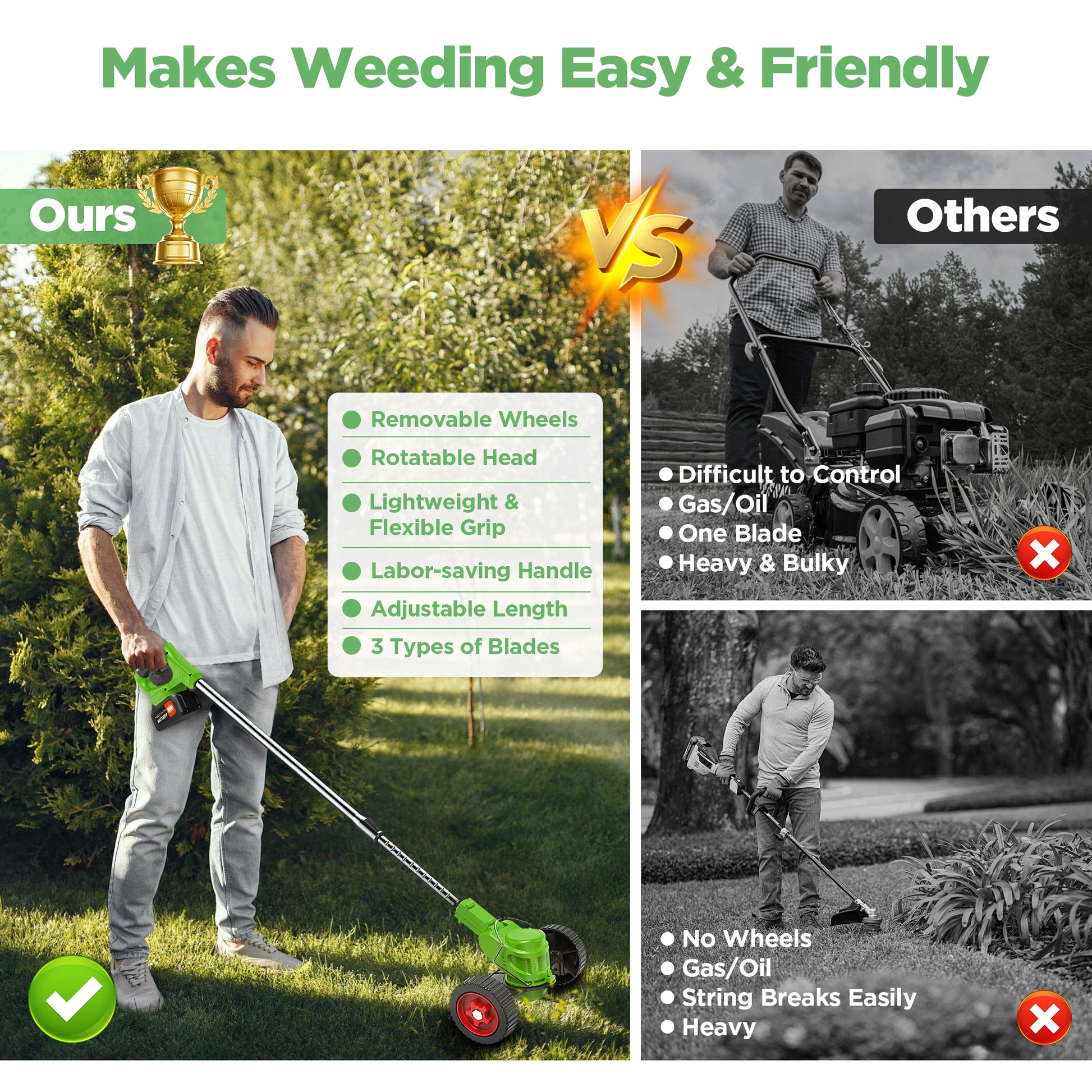 TNTANTS Weed Wacker Cordless, 3-in-1 Lightweight Electric String Trimmer with 3 Types of Blades, Wheels, 24V Battery, Weed Eater Grass Trimmer/Edger/Brush Cutter for Lawn Yard Garden (Green)
