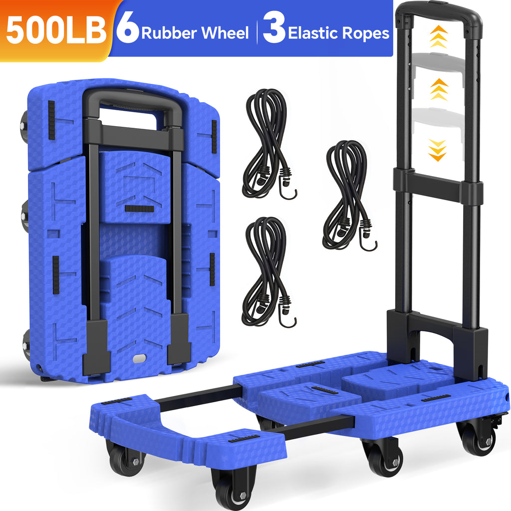 TNTANTS Hand Truck, 500 LB Heavy Duty Portable Dolly, Folding Dolly Cart with 6 Wheels & 3 Elastic Ropes for Luggage, Travel, Moving, Shopping, Office Use, Blue