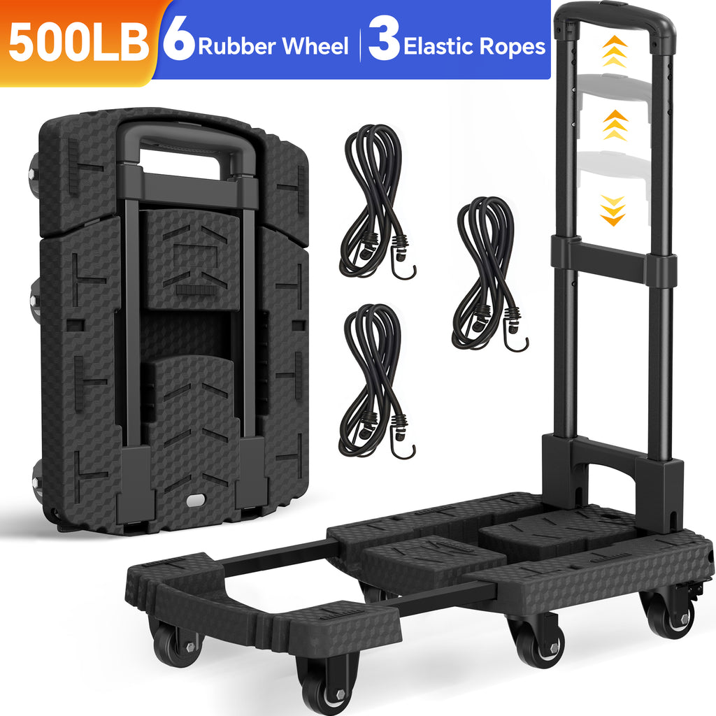 TNTANTS Hand Truck, 500 LB Heavy Duty Portable Dolly, Folding Dolly Cart with 6 Wheels & 3 Elastic Ropes for Luggage, Travel, Moving, Shopping, Office Use, Black