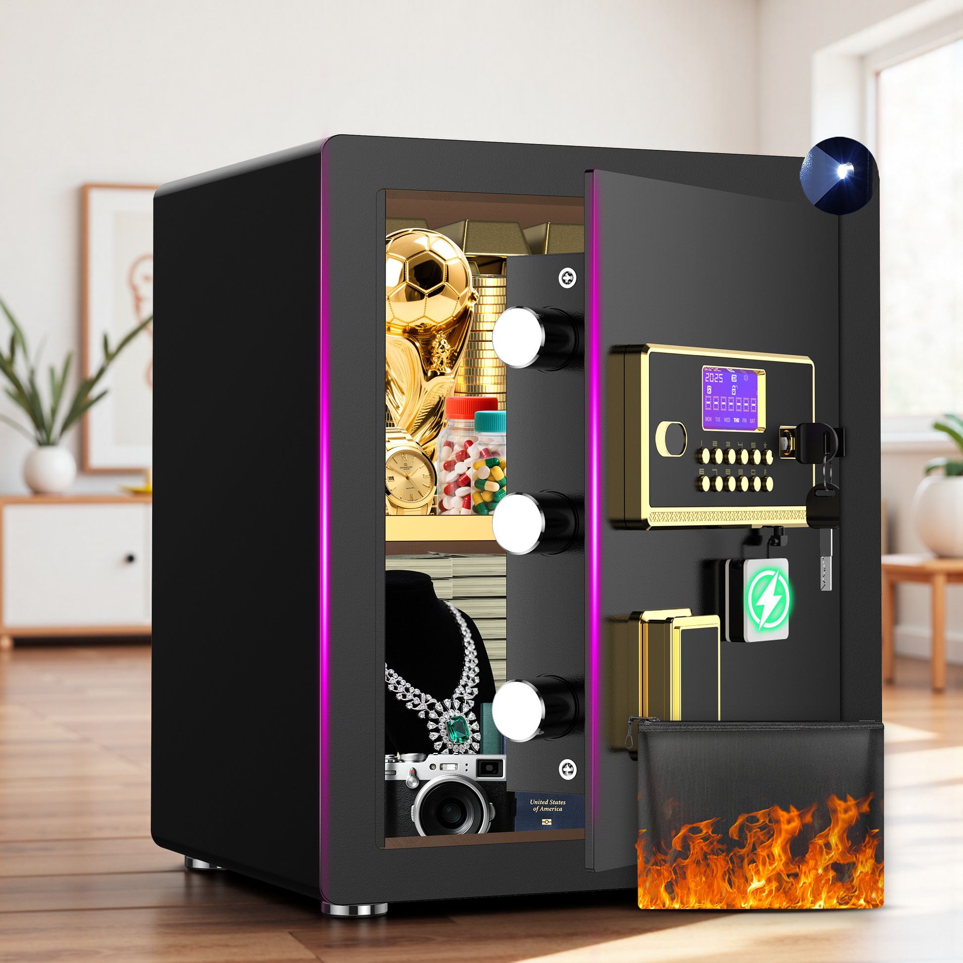 BESAFETY 3.0 Cuft Large Security Safe Box, Digital Keypad Lock, Built-in Alarm System & Fireproof Bag, Home & Office Safe for Cash, Valuables (Black)