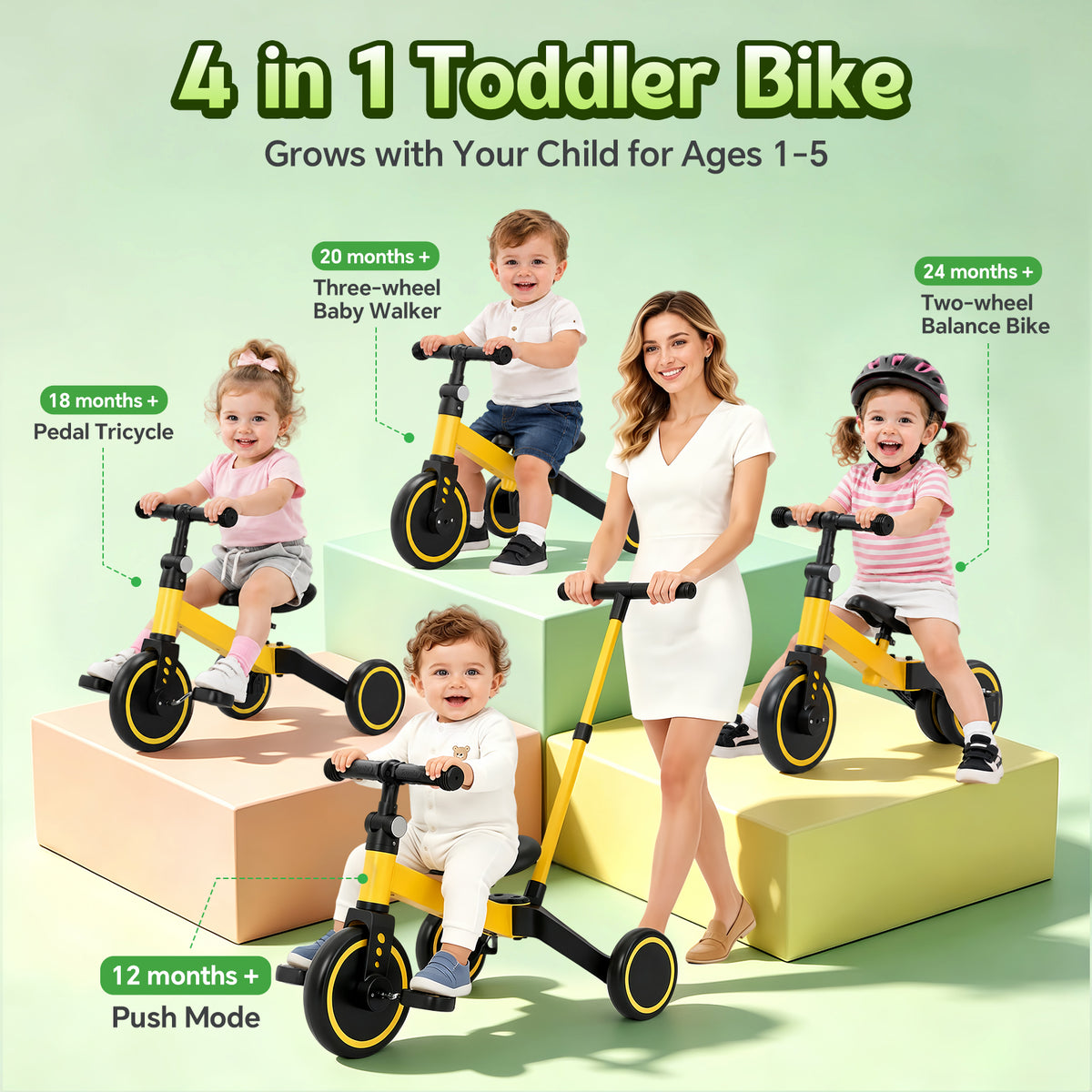 ODKDY 4 in 1 Toddler Bike, Kids Tricycle for 1-5 Years Old, Toddler Tricycle for Boy Girl, Baby Balance Bike with Parent Steering Push Handle, Removable Pedal, Adjustable Seat Yellow