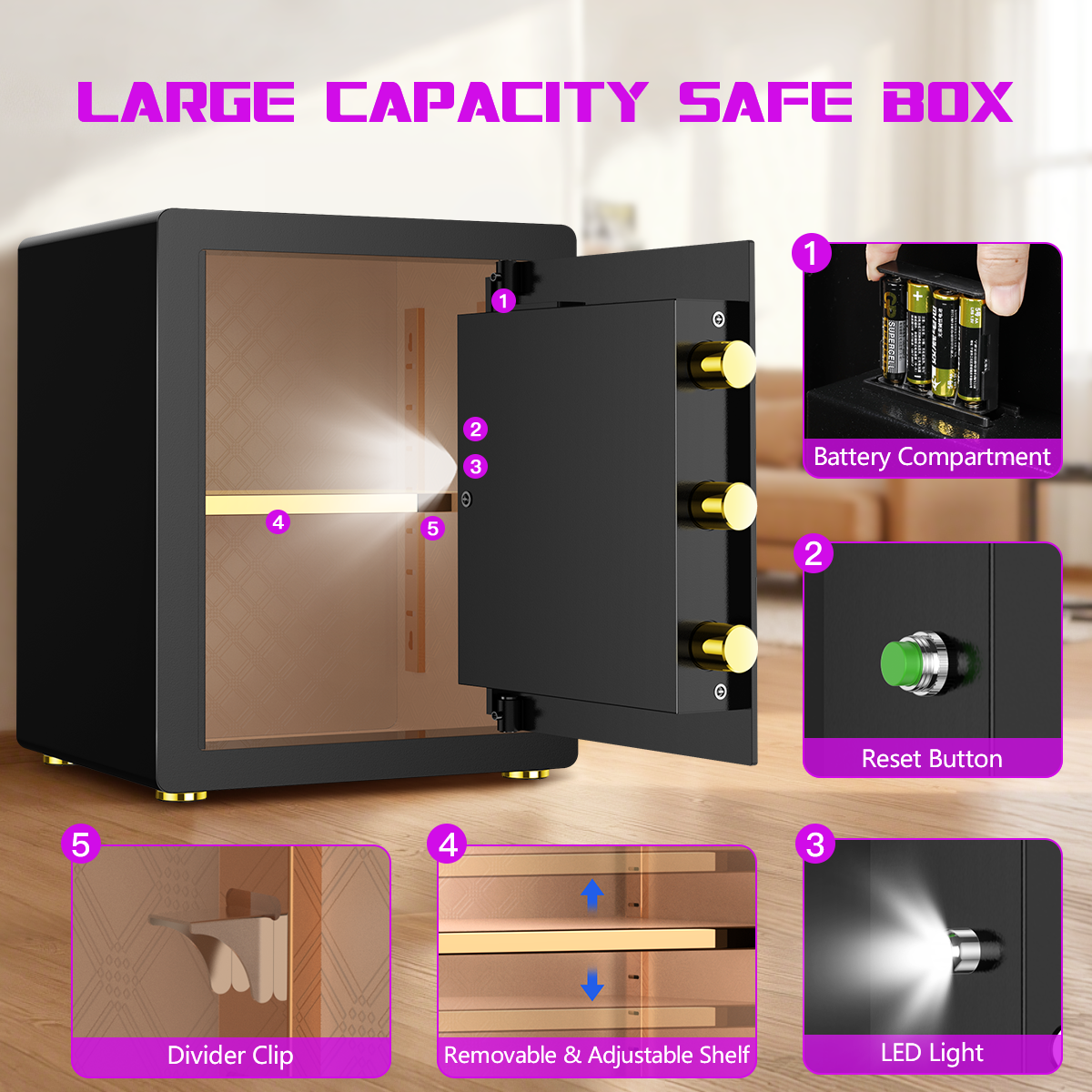 Gemaisil New 3.0 Cuft Safe Box with Digital Keypad, Security Safe with Fireproof Waterproof Bag, Adjustable Shelf, Alarm System, Office & Home Safes for Cash, Jewelry, Documents, Black