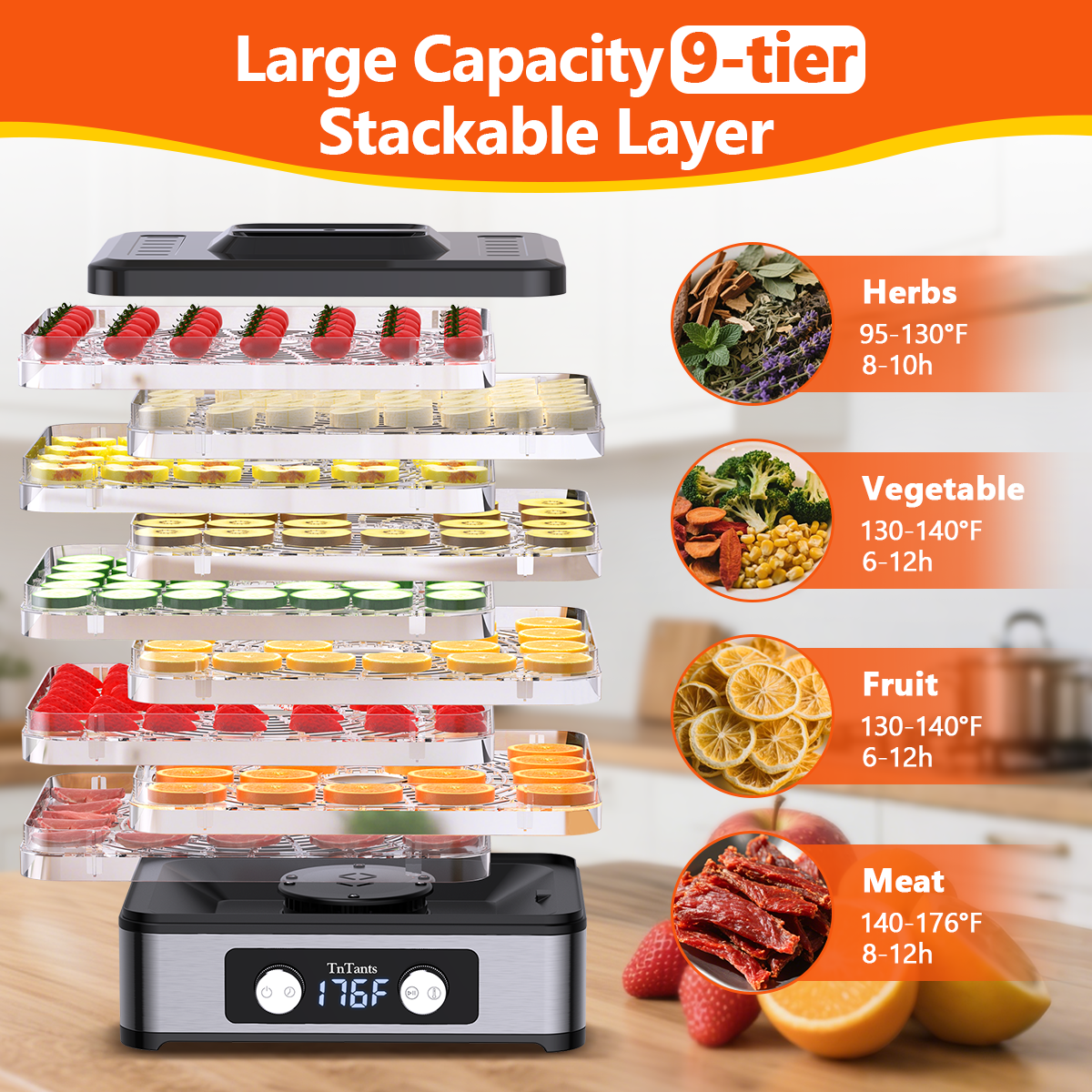 TNTANTS Food Dehydrator, 9 Trays Electric Dehydrated Dryer with Adjustable 48H Timer & 95-176℉ Temperature Control, Dehydrator for Food and Jerky, Fruits, Veggies, Pet Treat